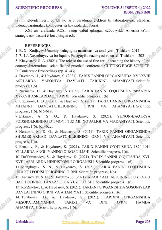 maktabgacha tarbiya muassasalari; 1 -8-sinflargacha bo’lgan boshlang’ich maktablar (bunday maktablarda 6 yoshdan 13 yoshgacha o’qiydilar); 9-12-sinflardan iborat o’rta maktablar (bu maktablarda 14-17 yoshgacha bo’lgan bolalar ta`lim oladilar). u quyi va yuqori bosqichdan iborat. http://www.scientificprogress.uz/ scientific progress volume 3 ǀ issue 4 ǀ 2022 issn: 2181-1601 uzbekistan www.scientificprogress.uz page 264 amerika qo'shma shtatlarida navbatdagi ta`lim bosqichi oliy ta`lim bo’lib, u 2 yoki 4 yil o’qitiladigan kollejlar hamda dorilfununlardir.aqshda majburiy ta`lim 16 yoshgacha amal qiladi. bu mamlakatdagi o'quv yurtlari davlat, jamoa tasarrufida, xususiy va diniy muassasalar ixtiyorida bo’lishi mumkin. amerikada 3 yoshgacha bo’lgan bolalar tarbiyasi bilan onalar shug’ullanadilar, lekin ularga hech qanday imtiyozlar berilmagan. 5 yoshdan esa “kinder garde” deb ataluvchi tayyorlov muassasalarida ta`lim boshlanadi. boshlang’ich maktab 6 yoshdan to 13- 15 yoshgacha bo’lgan bolalarni qamrab oladi. bu boshlang’ich maktablarda umumiy savodxonlik va kasbga yo’naltirish vazifalari hal etiladi. sinfdan-sinfga ko’chish ta`lim oluvchining o’zlashtirganlik darajasiga bog’liq. boshlang’ich ta`lim turli shtatlarda turlicha belgilangan (4, …