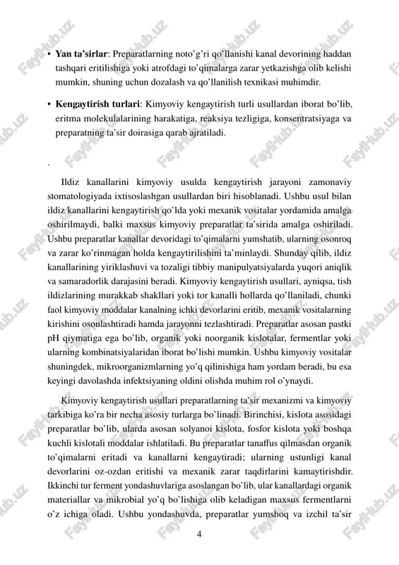 ta’siri ostida kanallar 15% dan ortiq kengaydi va ularning tozaligi maksimal darajada ta’minlandi. bu jarayon amalda 30 daqiqa davom etdi, shundan so’ng kanalning normal diameteri qayta tiklandi va endodontik davolash muvaffaqiyatli amalga oshirildi. ushbu holat kimyoviy usulning qiyin anatomiyaga ega ildiz kanallarini kengaytirishda samarali ekanligini ko’rsatadi. bundan tashqari, preparatning mikroorganizmlarga qarshi ta’siri tufayli infektsiyaning oldini olishda ham ijobiy natija kuzatildi. bu turdagi ishlanmalar zamonaviy stomatologiyaning muhim qismidir va bemor uchun minimal invaziv, lekin maksimal samara ta’minlovchi yondashuv hisoblanadi. 5 2. preparatlarning kimyoviy tarkibi va xususiyatlari ildiz kanallarini kengaytirish jarayoni stomatologiyada muhim bosqichlardan biri hisoblanadi. ushbu bosqichda kanallarni tozalash va shakllantirish uchun turli kimyoviy preparatlar qo’llaniladi. preparatlarning samaradorligi ularning kimyoviy tarkibi va xususiyatlariga bevosita bog’liq bo’lib, tish ildiz kanallarini tozalash va dezinfeksiya qilish jarayonida organizmga zarar yetkazmaslik sharti bilan, kanal ichidagi to’qimalarni eritishga mo’ljallangan bo’lishi kerak. shu bois, preparatlar tarkibidagi faol moddalar va ularning o’zaro ta’siri stomatologik amaliyotda e’tiborga olinishi zarur. …