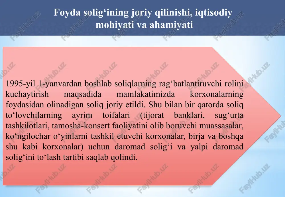 a kamaytiradi. 14 yuridik shaxslarning foyda solig‘i bo‘yicha soliqni to‘liq, to‘g‘ri aniqlash (hisoblash) uchun ularning jami daromadlari tarkibiga nimalar kirishini mukammal o‘rganish zarur bo‘ladi. soliq kodeksining 297-moddasiga muvofiq, jami daromad yuridik shaxs tomonidan o’zbekiston respublikasidagi va uning hududidan tashqaridagi manbalardan hisobot (soliq) davri mobaynida olingan daromadlardan iboratdir. jami daromadlar tarkibi, jami daromaddan chegirmalar 15 jami daromad, qo’shilgan qiymat solig’ini va aksiz solig’ini inobatga olmagan holda aniqlanadi. jami daromadga har qanday shaklda va (yoki) har qanday faoliyatdan olinishi lozim bo’lgan daromadlar kiradi. jami daromadlar tarkibi, jami daromaddan chegirmalar 16 jami daromadlar tarkibi, jami daromaddan chegirmalar jami daromadga har qanday shaklda va (yoki) har qanday faoliyatdan olinishi lozim bo’lgan daromadlar, xususan, quyidagi daromadlar kiradi: 17 1 o’zbekiston respublikasining yuridik shaxslari; 2 o’zbekiston respublikasining soliq solish masalalari bo’yicha xalqaro shartnomalariga muvofiq ushbu xalqaro shartnomalarni qo’llash maqsadlari uchun o’zbekiston respublikasining soliq rezidentlari deb e’tirof etilgan chet el yuridik shaxslari; 3 haqiqatdagi boshqaruv joyi o’zbekiston …