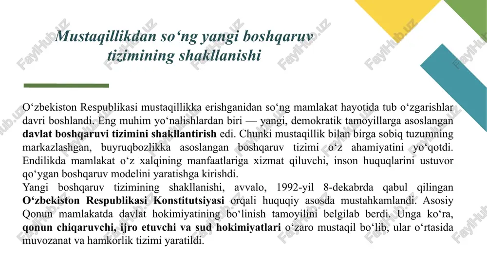 lmoqda. bu shaffoflik, tezkorlik va korrupsiyani kamaytirish imkonini berdi. 2. sud-huquq tizimidagi o‘zgarishlar adolat va qonun ustuvorligini ta’minlash maqsadida sud-huquq tizimi isloh qilindi. sudlarning mustaqilligi kuchaytirildi, fuqarolarning huquq va erkinliklarini himoya qilish kafolatlari kengaytirildi. inson huquqlari bo‘yicha milliy markaz, ombudsman instituti faoliyati yanada faollashdi. 11 4. ijtimoiy sohadagi islohotlar aholining ijtimoiy himoyasini kuchaytirish “yangi o‘zbekiston” siyosatining eng muhim yo‘nalishlaridan biridir. ta’lim tizimida bosqichma-bosqich yangilanishlar amalga oshirilmoqda: maktabgacha ta’lim muassasalari soni ko‘paymoqda, oliy ta’limga qabul kvotalari kengaymoqda. sog‘liqni saqlash tizimida esa zamonaviy klinikalar, oilaviy poliklinikalar va tibbiy markazlar tashkil etilmoqda. shuningdek, ijtimoiy himoya tizimi orqali kam ta’minlangan oilalarga moddiy yordam ko‘rsatish mexanizmlari takomillashtirildi. 5. siyosiy va konstitutsiyaviy islohotlar 2023-yilda o‘zbekiston respublikasi konstitutsiyasining yangi tahriri qabul qilindi. unga ko‘ra, “o‘zbekiston – ijtimoiy davlat” degan tamoyil mustahkamlandi, inson huquqlari, yoshlar va ayollar manfaatlarini himoya qilishning yangi kafolatlari belgilandi. siyosiy partiyalar, ommaviy axborot vositalari, fuqarolik jamiyati institutlarining roli oshdi. jamiyatda so‘z erkinligi, ochiqlik, jamoatchilik …