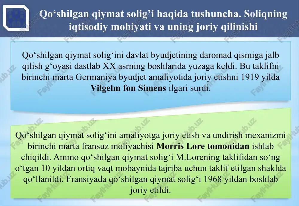 zish; 2 tovarni bepul berish, bundan shunday berish iqtisodiy jihatdan o’zini oqlaydigan hollar mustasno; 3 mol-mulkni moliyaviy ijaraga (lizingga) berish; 4 tovarni bo’lib-bo’lib to’lash shartlari asosida berish. soliq to‘lovchilar tarkibi, soliq obyekti, soliq solish bazasi va soliq stavkalari tovarni realizatsiya qilishdan farq qiluvchi har qanday faoliyat, shu jumladan quyidagilar xizmatlarni realizatsiya qilish bo’yicha aylanma deb e’tirof etiladi: - pullik asosda xizmatlar ko’rsatish; - bepul xizmatlar ko’rsatish, shu jumladan mol-mulkni soliq to’lovchining bepul foydalanishi uchun berish, bundan shunday xizmatlarni ko’rsatish iqtisodiy jihatdan o’zini oqlaydigan hollar mustasno. 16 soliq to‘lovchilar tarkibi, soliq obyekti, soliq solish bazasi va soliq stavkalari soliq kodeksining 240-moddasiga binoan, quyidagi shartlardan hech bo’lmaganda bittasi bajarilgan taqdirda, o’zbekiston respublikasi hududi tovarlarni realizatsiya qilish joyi deb e’tirof etiladi: tovar o’zbekiston respublikasi hududida turgan bo’lsa va bitim natijasida uning hududidan tashqariga chiqarilmaydigan bo’lsa; tovar jo’natish yoki transportda tashish boshlangan paytda o’zbekiston respublikasi hududida turgan bo’lsa. 17 soliq to‘lovchilar tarkibi, soliq obyekti, …