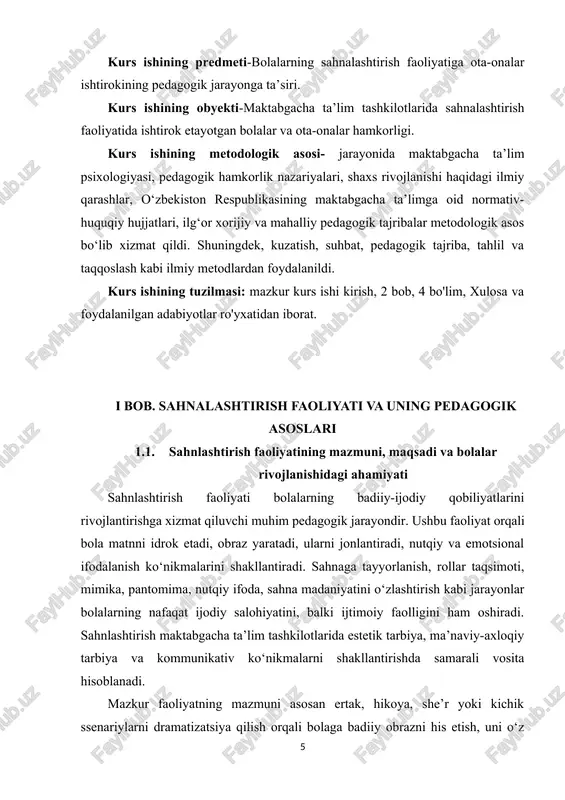 xos kompetensiyalarni shakllantiruvchi mazmunli didaktik vosita hisoblanadi. sahnadagi obrazlar orqali bola atrof-muhitni, real hayotni, inson xarakterlari va ularning o‘zaro munosabatlarini badiiy tarzda qabul qiladi, tahlil qiladi va o‘z shaxsiy tajribasi bilan bog‘laydi. sahnlashtirish faoliyatining mazmuni, avvalo, badiiy matnni o‘rganish, uning mazmunini anglash, syujet chizig‘i bo‘yicha personajlarning xarakterini tahlil qilishdan iborat bo‘lib, bola bu jarayonda o‘qish, eshitish va idrok etish qobiliyatlarini birgalikda ishga soladi. bundan tashqari, obraz yaratish jarayonida mimika, pantomima, nutq texnikasi, sahna etikasi kabi ko‘nikmalar shakllanadi. bolalar bir-birini tinglash, o‘z rolini unutmaslik, sahnaga chiqish ketma-ketligiga amal qilish kabi muhim jarayonlarda intizomli bo‘lishni o‘rganadilar. sahnlashtirishning maqsadi — bolaning shaxsiy rivojlanishida ijodiy, emotsional, intellektual va ijtimoiy komponentlarni uyg‘un holda shakllantirishdir. sahnaga tayyorlanish harakatlarni rejalashtirish, vaqtni to‘g‘ri taqsimlash, matnni yod olish, guruhda hamkorlikda ishlash kabi muhim kompetensiyalarni rivojlantiradi. sahnadagi har bir qadam boladan diqqatni jamlash, o‘z nutqini boshqarish, his-tuyg‘ularini ifodalashni talab qiladi. bu jarayon motivatsiyani kuchaytiradi, ayniqsa tortinchoq, kamgap bolalar uchun psixologik …