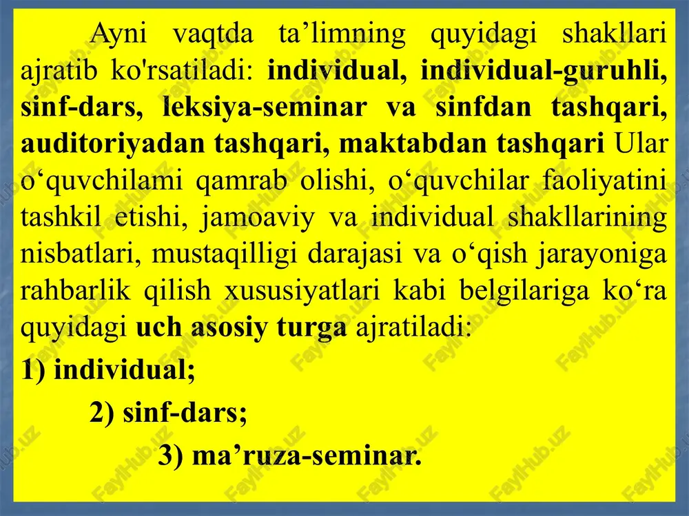 ga olish bilan mazmunini optimallashtirish. tarbiyaviy talablar o'quv materialining tarbiyaviy imkoniyatlarini aniqlash, darsdagi faoliyat, aniq erishilishi mumkin bo‘lgan tarbiyaviy maqsadlarni shakllantirish. rivojlantiruvchi talablarga o‘quvchilarda o‘quv-bilish faoliyati ijobiy sifatlari, qiziqish, ijodiy tashabbuskorlik va faollikni shakllantirish hamda rivojlantirish, o‘quvchilarning idrok etish imkoniyatlari darajasini o'rganish, hisobga olish, “rivojlanishning yaqin zonasini loyihalashtirish”, “o‘zib ketish” darajasidagi o‘quv mashg‘ulotlarini tashkil etish kabilar kiradi. didaktik g‘oyalar jamiyat taraqqiyoti jarayonida yangi g‘oyalar bilan boyib, takomillashib boraveradi. shu sababli ham ta’lim turlari o‘quv jarayonini tashkil etish va uni amalga oshirishga nisbatan turlicha yondashuvlar asosida shakllantiriladi. pedagogik tizimlarning asosiy turlari quyidagilardir: • arxaik (ibtidoiy); • qadimgi (shumer, misr, xitoyda - eramizdan avvalgi uchinchi mingyillik); • avestit (baqtiriya, sug‘diyona, xorazmda - eramizdan avvalgi vii-vi asrlar); • yunon (ellins, rim-yunon, rim - eramizdan avvalgi v-i asrlar); • o‘rta asr (dogmatik, sxolastik v-xvi asrlar); • ta’limning yangi turlari (tushuntirish, tushuntirishli-ko‘rgazmali, dasturlashtirilgan, masofali o‘qitish, muammoli-dasturlashtirilgan. ta’lim turlari hozirgi vaqtda, respublikamizda faoliyat yuritayotgan zamonaviy ta’lim …