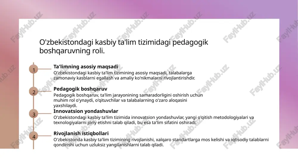 un qo'llaniladigan uslublar o'zbekistonda ham qo'llanilishi zarur, xususan, zamonaviy metodologiyalar. 3 o'qitish tajribalari o'zbekistonda kasbiy ta'limda amaliy mashg'ulotlar orqali ko'nikmalarni rivojlantirish, xalqaro tajribalar asosida kengaytirilishi kerak, muvaffaqiyatli natijalar keltiradi. o'zbekistonda kasbiy ta'limni rivojlantirish: muammolar va yechimlar. 1 o'qitish muammolari o'zbekistonda kasbiy ta'limda o'qitish jarayonida malakali o'qituvchilar yetishmasligi va dasturiy ta'minotning eskirishi kabi muammolar mavjud. 2 infratuzilma muammolari ta'lim muassasalarining infratuzilmasi ko'pincha zamon talablariga javob bermaydi, bu esa talabalar uchun sifatli ta'lim olishni qiyinlashtiradi. 3 yechimlar va takliflar kasbiy ta'limni rivojlantirish uchun o'qituvchilarni tayyorlash, zamonaviy texnologiyalarni joriy etish va xalqaro tajribalarni o'rganish zarur. ta'lim boshqaruvining innovatsion yondashuvlari: o'zbekistonda amaliyotga tatbiqi. innovatsion yondashuvlar o'zbekistonda ta'lim boshqaruvining innovatsion yondashuvlari, yangi metodlar va texnologiyalarni qo'llash orqali ta'lim sifatini oshirishga qaratilgan. amaliyotga tatbiq innovatsion strategiyalarni amaliyotga tatbiq etish, kasbiy ta'limda o'quvchilarning malaka va ko'nikmalarini rivojlantirishda muhim ahamiyatga ega. o'zgarishlar va natijalar ushbu yondashuvlar orqali ta'lim tizimidagi o'zgarishlar, o'quvchilarning natijalari va kasbiy tayyorgarlik darajasini sezilarli darajada …