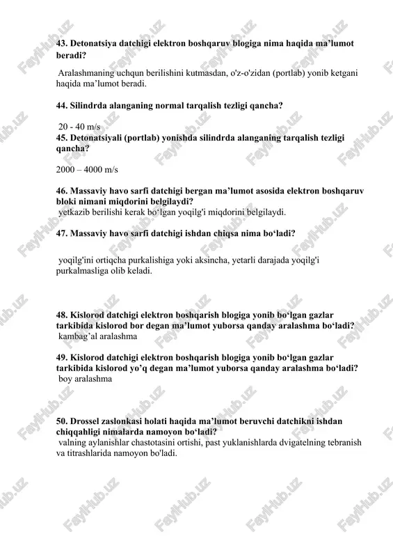 vlik forsunkalar qaysi dvigatellarda ishlatiladi? dizel dvigatellarda 54. elektro-gidravlik forsunkalar … o'z ichiga oladi. elektromagnitli klapan, kamerani nazorat qilish, kirish va to’kish droselni 55. p’ezoelektrik forsunkalarning asosiy afzalliklarini ayting? dozaning aniqligi va ishlash tezligidir, bir ish sikli davomida bir nechta martagacha purkash imkonini beradi. 56. common rail ta’minlash tizimi konstruktiv jixatdan qanday asosiy konturga ‘ga? past bosimli kontur va yuqori bosimli kontur 57. common rail yoqilg’ bilan ta’minlash tizimidagi akkumulyator (yoki common rail) ning vazifasi nima? tizimdagi yonilg‘ini bosimini doimiy bir me’yorda saqlanib turishini ta’minlash 58. elektron boshqaruv blogiga kirish datchiklari ma’lumotni qanday yuboradi? dvigatelning ekspluatasion parametrlarini qayd etib, ularni elektr signallariga aylantirib yuboradi 59. nazorat-o‘lchov asbobi … iborat datchik va ko‘rsatkichdan 60. datchik qanday qismlardan tashkil topgan? nazorat qilinayotgan muhit yoki joydagi o‘zgarishni sezuvchi element va bu o‘zgarishni elektr tokiga aylantiruvchi o‘zgartirgichdan iborat