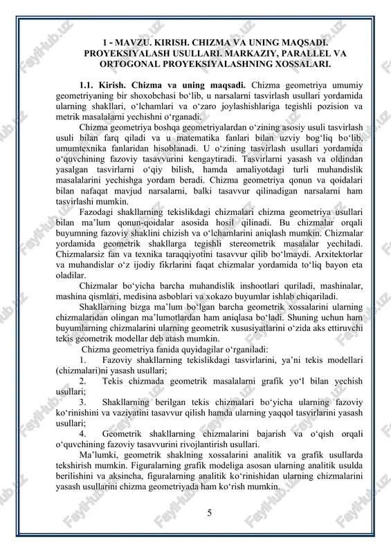 deb yuritiladi. bunda fazodagi nuqtalari bilan p tekislik nuqtalar orasida bir qiymatli moslik o‘rnatiladi. agar s markazli chiziqlar dastasi fazosiga biror sirt kiritilsa, u holda bu sirtda fazodagi nuqtalarning tasviri hosil bo‘ladi va fazo nuqtalari bilan sirt nuqtalari orasida bir qiymatli moslik o‘rnatiladi. chizma geometriyada fazodagi shakllar markaziy yoki parallel proyeksiyalash usullari bilan biror tekislikda tasvirlanadi. bu tekislikni proyeksiyalar tekisligi deb yuritiladi. shakllarning proyeksiyalar tekisligidagi tasvirini yasash esa ma’lum qonun va qoidalarga asoslanib bajariladi. 1.3. markaziy proyeksiyalash usuli markaziy proyeksiyalash usuli geometrik shakllarni tekislikda proyeksiyalashning umumiy holidir. markaziy proyeksiyalashda proyeksiyalar markazi s va proyeksiyalar tekisligi p beriladi (1.1-rasm). s va p sistemasida fazodagi biror a nuqta berilgan bo‘lsin. a nuqtani s markaz orqali proyeksiyalar tekisligi p ga proyeksiyalaymiz. buning uchun s markaz bilan a nuqtani to‘g‘ri chiziq orqali birlashtirib, uni davom ettiramiz. hosil bo‘lgan sa proyeksiyalovchi nur proyeksiyalar tekisligi p bilan ap nuqtada kesishadi (ya’ni ap=sa∩p). bunda ap nuqta a …