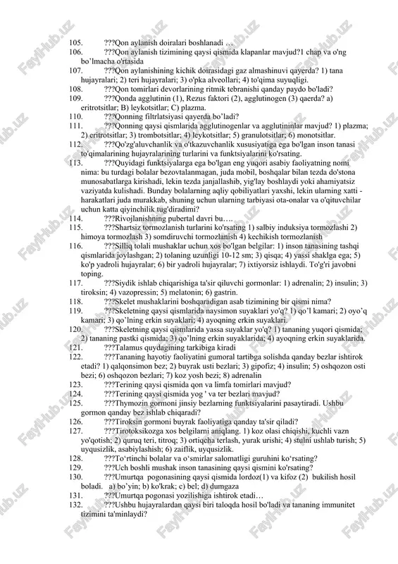 aklari 58. ???majburiy(ixtiyorsiz) ravishda ishlaydigan muskullarni ko'rsating.1-nafas olish tizimining devorlarida joylashgan silliq mushaklar, 2-siydik yo'llarining devorlarida joylashgan ko'ndalang chizilgan mushaklar, 3-yurak mushaklari, 4-ko'zning harakatini ta'minlovchi oqsoqollar, 5-deltoid mushaklari, 6-to'g'ri chaynash mushaklari 59. ???markaziy asab tizimida shartli tormozlanish turlari qanday? 60. ???markaziy asab tizimining kasalliklari quyidagilardan iborat: 1) nevralgiya; 2) nevrit; 3) mikrosefali; 4) poliomielit; 5) radikulit 61. ???markaziy asab tizimining qaysi organlarining yallig'lanishi nevralgiya (1), nevrit (2) va miyelitga (3) olib keladi? a) sezgir nerv tolalari; b) vosita nerv tolalari; c) orqa miya to'qimalari. 62. ???mitoxondriyaga xos bo'lmagan belgilarni ko'rsating: 1) plastik almashinuvda ishtirok etish 2) tashqi va ichki membranalarning mavjudligi 3) aerob sharoitida sut kislotasining sintezi 4) irsiy ma'lumotlarning mavjudligi 5) qo'ziqorin hujayralarida mavjudligi 6) hujayralardagi bacilluslarda mavjud. 63. ???miya stovoli(asosiga) deyiladi: 64. ???miya yarim postlogining assotsiativ zonasi qanday xususiyatlarga ega?1) mushak retseptorlari impulslarini sezadi; 2) hissiy organlarning retseptorlari impulslarini sezadi; 3) to'qimalar va organlar bilan aloqasi yo'q; 4) …