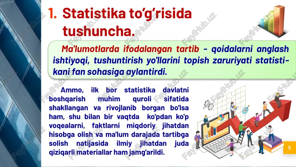 dan iboratdir. 17 statistika raqamlar yordamida ifodalaydigan ijtimoiy hodisalarning miqdoriy xarakteristikalari - makon va zamonda farqlanadi. masalan, aholi soni va tarkibi ayrim shaharlarda bir xil emas, ular vaqt davomida ham oʼzgarib boradi. boshqa sifat koʼrsatkichlari: mahsulot, mehnat unumdorligi, tannarx, foyda va h.k.lar ham doimiy oʼzgarishda boʼladi. demak, statistik maʼlumotlarning xarakterli xususiyati – ularning konkretligi, vaqt, makon va toʼplam hajmining aniqligidadir. 18 statistika ommaviy hodisalarni bir qancha belgilar boʼyicha tekshiradi. u ushbu xarakteristikalarning oʼzgarishidagi va ommaviy maʼlumotlarni umumlashtirishda namoyon boʼladigan qonuniyatlarni aniqlaydi. bu – statistikaning oʼziga xos xususiyatlaridan biridir. shu sababli statistika - statistik toʼplam, variatsiya (tebranish), statistik qonuniyatlar, katta sonlar qonuni kabi kategoriyalar bilan ish yuritadi. 19 statistik to’plam bu umumiy bog’liqlikda, qandaydir bir sifat belgisi bilan birlashgan va bir-biridan farq qiluvchi ob’ekt yoki hodisalarning yig’indisidir. belgi bu to’plam birligining sifatiy xususiyatidir. o’rganilayotgan to’plam birligini ifodalash xarakteriga qarab belgilar miqdoriy, atributiv va alternativ belgilarga bo’linadi. masalan, ayrim mamlakatlardagi aholi – …