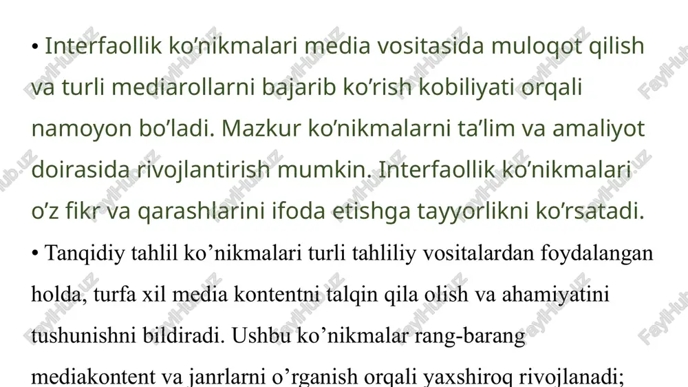 mini sifat jihatidan yangi bosqichga ko‘tarish chora-tadbirlari to‘g‘risida»gi pq-3907-son 2021-yil 26-martdagi «ma’naviy-ma’rifiy ishlar tizimini tubdan takomillashtirish chora-tadbirlari to‘g‘risida»gi pq-5040-son qaror media va axborot savodxonligi (mas) tushunchasining mohiyati. media va axborot savodxonligi – «soyabon», ya’ni bir tushuncha mazmunida ikki ma’no birlashgan atama sifatida yunesko tomonidan tavsiya etilgan. uning mohiyatini anglash uchun har bir tushuncha o‘zagini bilish zarur. «media» atamasi (lotincha - medium, ya’ni vosita, vositachi, usul) turli ko‘rinishdagi kommunikatsiya va axborot vositasini anglatadi. media tushunchasi mazmuniga axborotni yaratish, nusxalashtirish, tarqatish vositasi hamda mualliflar va ommaviy auditoriya o‘rtasida axborot almashinuvining texnik vositalari kiradi. bugungi kunda media atamasidan oav yoki mass-media tushunchalarining sinonimi sifatida foydalaniladi. «media - ommaviy axborot vositalari, ham keng, ham maxsus auditoriyaga mo‘ljallangan ko‘ngilochar takliflarni tavsiya etuvchi, yangilik, axborot va reklama axborotini tarqatishga yo‘naltirilgan ko‘p sonli va serqirra funksiyalarni amalga oshiruvchi kommunikatsiya kanallaridir». axborot savodxonligi – axborotni tanlash, baholash, qayta ishlash va uzatish borasidagi ko‘nikmalar va malakalar majmuini bildiradi. 1- …