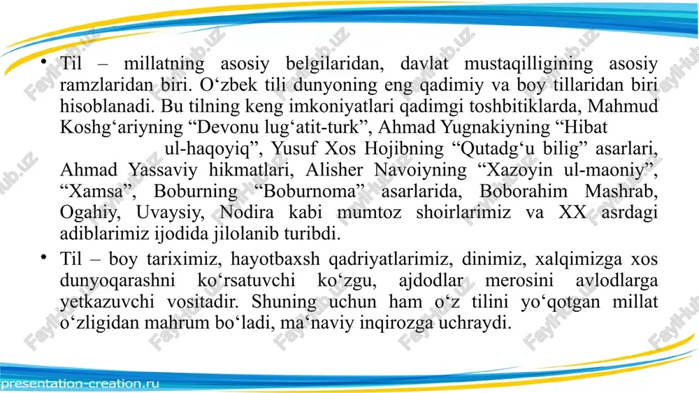 hujjatlar asosan rus tilida rasmiylashtirilar edi. o‘zbek tilida esa ayrim hujjatlargina yuritilar, ular ham rus tilidagi hujjatlar andozasiga asoslangan bo‘lib, milliylikdan yiroq edi. endilikda respublikamizdagi barcha korxonalar, tashkilotlar, muassasalarda yuritiladigan hujjatlar o‘zbek tili qonun-qoidalariga mos ravishda rasmiylashtirilmoqda. oliy o‘quv yurtlarini bitirib chiqayotgan yosh mutaxassislar o‘zlari ishga boradigan mehnat jamoalarida ish qog‘ozlari, hujjatlarning mantiqiy to‘g‘ri yozilishi yoki to‘g‘ri to‘ldirilishi, ishoraviy, imloviy, uslubiy xatolarsiz, davr talabiga javob beradigan tarzda rasmiylashtirilishiga yaqindan ko‘maklashishlari lozim. buning uchun esa bitiruvchi talabalarimiz nafaqat hujjatlar bo‘yicha, balki yangi alifbo va imlo qoidalari bo‘yicha ham yetarlicha tushunchaga ega bo‘lishlari talab etiladi. test topshiriqlari 1.o‘zbekiston respublikasining “davlat tili haqida”gi qonuni qachon qabul qilindi? a)1989-yil 21-oktabr b)1991-yil 21-oktabr s)1990-yil 24-noyabr d)1988-yil 1-oktabr 2. “o‘zbekiston respublikasining davlat tili o‘zbek tilidir. o‘zbekiston respublikasi o‘z hududida istiqomat qiluvchi barcha millat va elatlarning tillari, urf-odatlari va an’analari hurmat qilinishini ta’minlaydi, ularning rivojlanishi uchun sharoit yaratadi”, degan jumlalar davlat tili haqidagi qonunning nechanchi moddasida keltirilgan? …