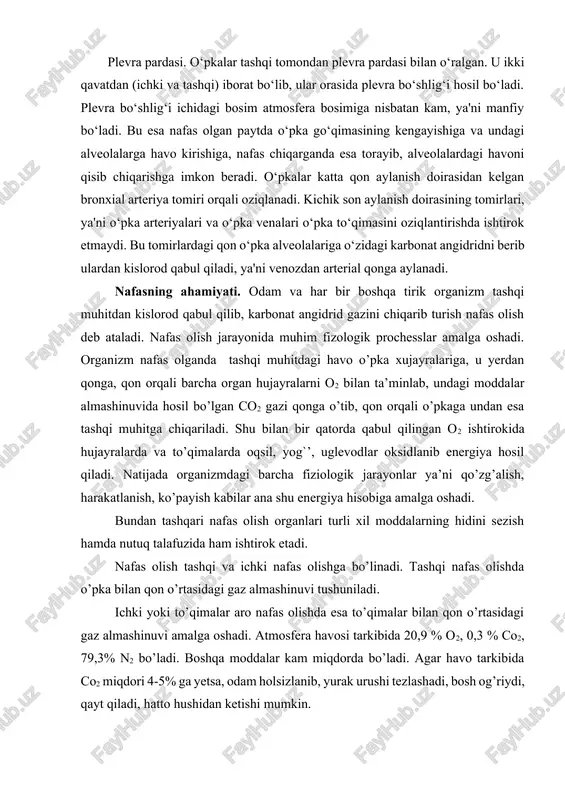 ik jarayonlar ya’ni qo’zg’alish, harakatlanish, ko’payish kabilar ana shu energiya hisobiga amalga oshadi. bundan tashqari nafas olish organlari turli xil moddalarning hidini sezish hamda nutuq talafuzida ham ishtirok etadi. nafas olish tashqi va ichki nafas olishga bo’linadi. tashqi nafas olishda o’pka bilan qon o’rtasidagi gaz almashinuvi tushuniladi. ichki yoki to’qimalar aro nafas olishda esa to’qimalar bilan qon o’rtasidagi gaz almashinuvi amalga oshadi. atmosfera havosi tarkibida 20,9 % o2, 0,3 % co2, 79,3% n2 bo’ladi. boshqa moddalar kam miqdorda bo’ladi. agar havo tarkibida co2 miqdori 4-5% ga yetsa, odam holsizlanib, yurak urushi tezlashadi, bosh og’riydi, qayt qiladi, hatto hushidan ketishi mumkin. nafas olish organlariga: burun bo’shlig’i, halqum, qiqildoq, kekirdak yoki traxeya, bronxlar, o’pkalar va plevra pardasi kiradi. burun boshlig’i. bola tug’ilgan vaqtda uning burun bo’shlig’i kichik va ingichka bo’lib, shilliq qavat, qon va limfa tomirlari, nerv tolalari hamda recheptor va mayda tukchalar bilan ta’minlangan bo’lib, yetarlicha rivojlanmagan bo’ladi. bundan tashqari peshona …