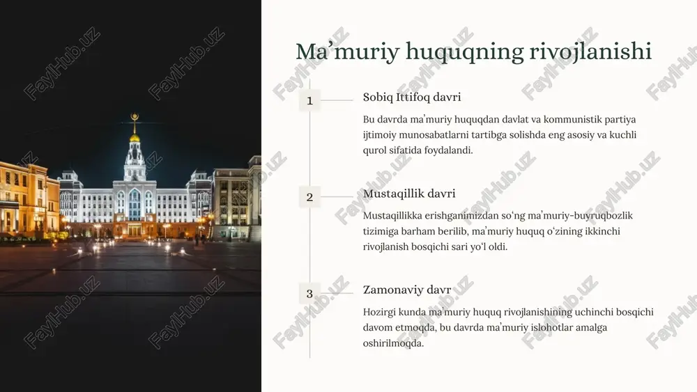 boshqaruvida javobgarlikning mavjudligi prinsipi huquqiy javobgarlik davlat organlari va mansabdor shaxslar qonun buzilishi uchun javobgar boʻlishlari lozim. ma'muriy javobgarlik maʼmuriy huquqbuzarliklar uchun tegishli javobgarlik choralari qoʻllanilishi kerak. jinoiy javobgarlik ogʻir huquqbuzarliklar uchun jinoiy javobgarlik nazarda tutilgan boʻlishi lozim. 19 maʼmuriy huquqning rivojlanish bosqichlari 1 sobiq ittifoq davri bu davrda maʼmuriy huquq davlat va partiya manfaatlariga xizmat qiluvchi vosita sifatida qoʻllanilgan. 2 mustaqillikning dastlabki yillari maʼmuriy huquqning huquqiy asoslari yaratildi, davlat boshqaruvi organlari tizimi shakllandi. 3 zamonaviy davr maʼmuriy islohotlar amalga oshirilmoqda, maʼmuriy huquq liberallashmoqda. 20 maʼmuriy huquqning zamonaviy tendensiyalari 1 maʼmuriy sudlar maʼmuriy sudlarning tashkil etilishi maʼmuriy huquqning muhim yutuqlaridan biri hisoblanadi. 2 maʼmuriy tartib-taomillar "maʼmuriy tartib-taomillar toʻgʻrisida"gi qonunning qabul qilinishi maʼmuriy huquqning rivojlanishida muhim qadam boʻldi. 3 davlat xizmati davlat fuqarolik xizmatining huquqiy asoslarining yaratilishi maʼmuriy huquqning zamonaviy yutuqlaridan biridir. 21 maʼmuriy huquqning xalqaro tajribasi yevropa tajribasi yevropada maʼmuriy huquq uzoq tarixga ega va rivojlangan tizimga ega. aqsh tajribasi …
