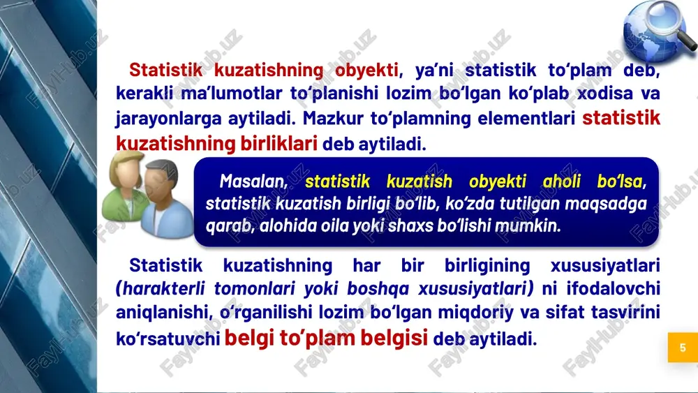 kuzatish 3. o‘zbekiston respublikasida statistik kuzatishni tashkil etish hamda uning tarkibiy qismlari, vazifalari 13 statistik kuzatishni tashkil qilish va uni o’tkazishda qo’pol xatolarga yo’l qo’yilsa, statistik kuzatish natijalarining samaradorligi pasayadi. shuning uchun ham bu murakkab ishni boshlashdan oldin har tomonlama muhokama va ekspertiza qilingan kuzatish rejasini tuzish zarur. statistik kuzatish rejasi dasturiy-uslubiy va tashkiliy masalalarni o’z ichiga oladi. 3. o‘zbekiston respublikasida statistik kuzatishni tashkil etish hamda uning tarkibiy qismlari, vazifalari 14 statistik kuzatishning dasturiy-uslubiy masalalari quyidagilardan tashkil topadi har bir ishni qilishdan oldin aniq maqsad va vazifalarni keltirib o’tish kerak kuzatish maqsadi va vazifalari bu kuzatish davomida yig’ilishi kerak bo’lgan savollar yoki qayd qilinishi lozim bo’lgan belgilar va ko’rsatkichlar ro’yxatidir kuzatish dasturi bu tekshirish o’tkaziladigan xodisa va jarayonlar yig’indisi yoki statistik ma’lumotlar qayd qilinadigan aniq chegara miqdori (oralig’i)dir kuzatish obyekti bu hisob asosi yoki kuzatishda qayd qilish belgisiga ega bo’lgan birlikdir. kuzatish birligi bo’lib, aholi ro’yxatida har bir shaxs, korxonalar …