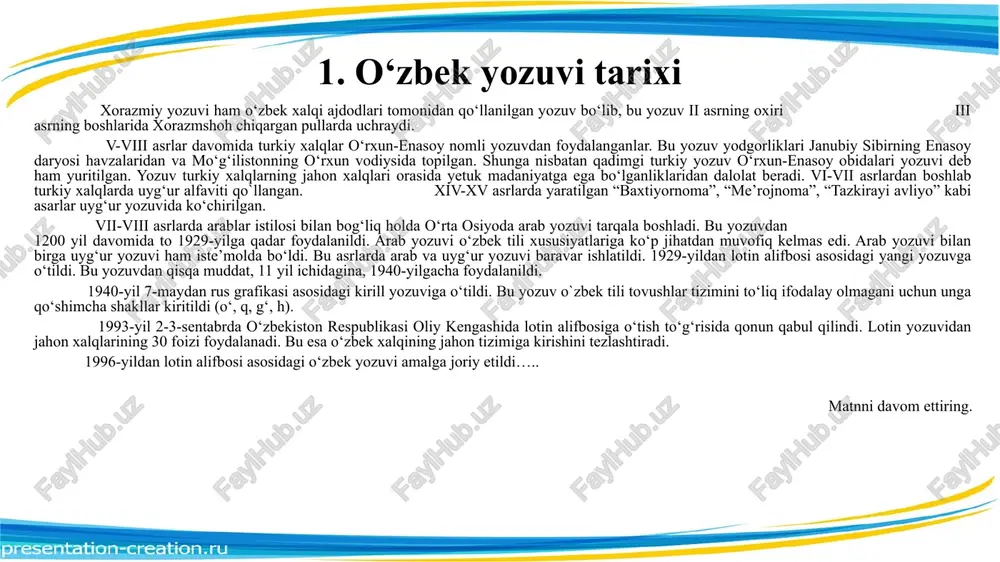 7-yil 3-martda, 29 harf va 1 tutuq belgisi 2. “ng” bir tovushni ifodalagan so‘zlarni belgilang? a) tungi, unga b) tongi, shtanga c) tonggi, dengiz d) yongan, singil 3. qaysi gapda tinish belgisi noto‘g‘ri qo‘llangan? a) uy, buyum, mol-hol, hammasi senga qolsin. b) ulardan uchtasini: sayyorani, qayratni, shavkatni ko‘rib turamiz. c) anvar har bir kishidagi shunday xislatni: odamoxunlik, mehmondo‘stlik, ochiq chehralilikni yoqtiradi. d) qayoqdan keldi shuncha olomon: bolalar, xotinlar, chollar? 4. grafika nima? a. muayyan tilning fonetik-fonologik, leksik-semantik va morfologik birliklarini yozuvda ifodalash uchun maxsus shakllantirilgan optik-grafik belgilar tizimi. muayyan tilda so‘zlarni va so‘z shakllarini to‘g‘ri yozish me’yorlarini belgilovchi qoidalar tizimi. muayyan tilning alifbo va orfografiyadan iborat yozuv tizimi. test topshiriqlari 5. yangi o‘zbek imlosiga ko‘ra chiziqcha bilan yozish qoidasi qaysi qatorda buzilgan? a) el-yurt b) yozdi-oldi c) do‘st-u dushman d) qizigandan-qizidi 6. qaysi so‘z turkumiga oid qo‘shma so‘zlar doim ajratib yoziladi? a) qo‘shma otlar b) qo‘shma sifatlar c) qo‘shma ravishlar …