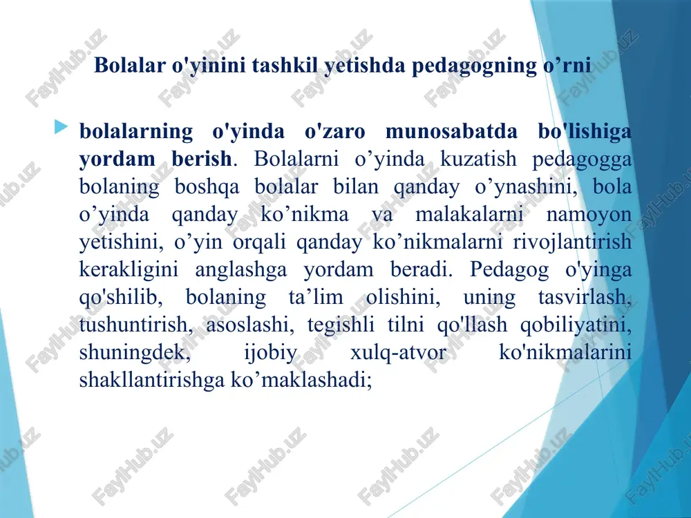 vojlantirish. ta’limiy maqsad: mushuk, hovli ifodasini tushuntirish. tarbiyaviy maqsad: bolalarda yovvyi hayvonlarni asrash tuyg‘usini tarbiyalash. jihozlar: mushuk, hovli rasmi, pazl o‘yini. o‘yinning borishi: tarbiyachi bolalarga mushuk, hovli tasvirlangan suratni ko`rsatadi va mushuk, hovli tasvirini tushuntiradi. tarbiyachi: bolalar, mushuk, hovli tasvirlangan rasmning pazl bo’laklaridan bittadan olasiz. mushuk, hovlining bo’laklarni bitta qilib birlashtirasizlar va mushuk, hovli tasvirini hosil qilasizlar. birlashti sabzavotlarni rangi bo’yicha joylashtiring hga ajrating ko’plikdagi va birlikdagi sabzavotlarni 2 guruhga ajrating rangi bo’yicha tanlang! idishlarni nomini ayt! choynak tova kastrulka chovgum qozon lagan idishlarni nomini ayt! tuzdon kosa likopcha cho’mich kapkir qoshiq sanchqich shakar idishi saryog’ idishi birlikdagi predmetlarni ko’plikka aylantiring oshxona uchun zarur jihozlarni tanlang «daraxtda nima o'sadi?» «to'rtinchisi ortiqcha» savollar: 1-savol:o’yin orqali bolalarning qanday ko’nikmalari rivojlanadi? 2-savol: o’yin — bu… 3-savol:oʻyin texnolologiyasi— bu…? 4-savol: o'yin bolaning qanday shaxsiyatini, qanday jihatlarini rivojlantiradi? e`tiboringiz uchun rahmat! image1.jpeg image2.png image3.jpeg image4.jpeg image5.emf image6.jpeg image7.jpeg image8.jpeg image9.jpeg image10.png image11.jpeg image12.jpeg image13.jpeg image14.jpeg …