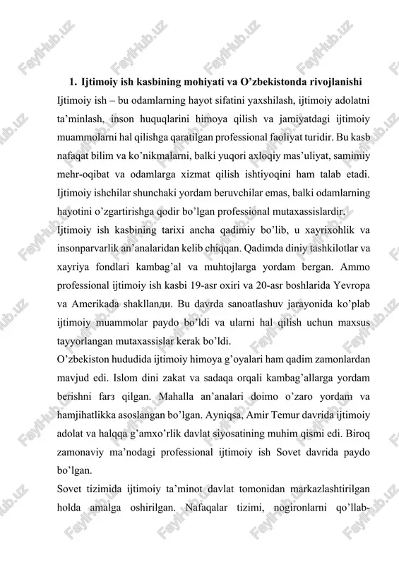 ligi lozim. mana shu muvozanatni saqlash uchun kasbiy va axloqiy kodeks kabi yo’riqnoma zarur bo’ladi. kodeks ijtimoiy ishchiga murakkab vaziyatlarda to’g’ri yo’lni topishga, axloqiy dilemmalarni hal qilishga va professional faoliyatni yuqori darajada olib borishga yordam beradi. 2. ijtimoiy ishchining kasbiy va axloqiy kodeksining asosiy tamoyillari ijtimoiy ishchilarning kasbiy va axloqiy kodeksi bir qancha fundamental tamoyillarga asoslanadi. bu tamoyillar xalqaro ijtimoiy ish amaliyotidan kelib chiqqan holda, milliy xususiyatlarimizni, madaniy qadriyatlarimizni va jamiyatimiz ehtiyojlarini ham hisobga oladi. ushbu tamoyillar ijtimoiy ishchining kundalik faoliyatida yo’l-yo’riq bo’lib xizmat qiladi va professional qarorlar qabul qilishda asos bo’ladi. inson qadr-qimmatini hurmat qilish tamoyili birinchi va eng muhim tamoyil – bu inson qadr-qimmatini hurmat qilishdir. har bir mijoz, uning ijtimoiy maqomi, mol-mulki, millati, dini, jinsi, yoshi, jismoniy yoki aqliy holati qanday bo’lishidan qat’i nazar, hurmat va e’tiborga loyiqdir. ijtimoiy ishchi hech qachon mijoziga nisbatan kamsituvchi, tahqirlovchi yoki past baholovchi munosabatda bo’lmasligi kerak. u har bir insonda mavjud …