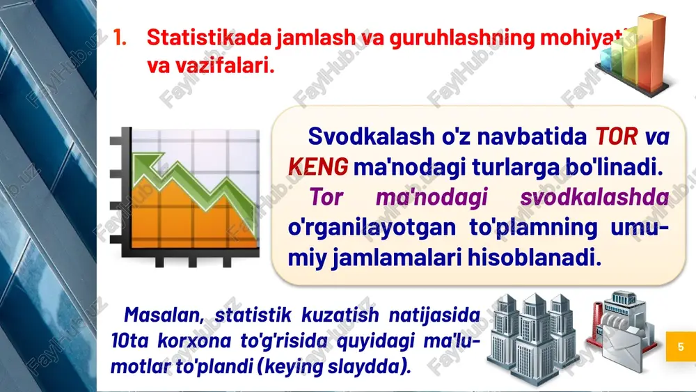 olinishi lozim. masalan, sanoat korxonalaridagi ishchilar mehnat unumdorligining asosiy fondlar qiymatidan bog'liqligini o'rganish maqsadida, guruhlashga asos qilib aso-siy fondlar qiymati olinishi kerak; guruhlash belgisini tanlashda quyidagi qoidalarga rioya qilish tavsiya qilinadi: 2.statistik guruhlash usuli, uning ijtimoiy-iqtisodiy hodisa va jarayonlarni o‘rganishdagi ahamiyati. 18  guruhlash belgisini tanlashda o'rganilayotgan xodisa qaysi tarixiy sharoitlarda sodir bo'layotganligi inobatga olinishi lozim. masalan, dehqonchilik rivojlangan mintaqalarda guruhlashga asos qilib ekin maydoni, xosildorlik va boshqa belgilar olinsa, chorvachilik rivojlangan mintaqa-larda esa – qoramollar soni, har bir sigirdan sog'ib olingan sut va h.k. belgilar olinishi maqsadga muvofiqdir; guruhlash belgisini tanlashda quyidagi qoidalarga rioya qilish tavsiya qilinadi: 2.statistik guruhlash usuli, uning ijtimoiy-iqtisodiy hodisa va jarayonlarni o‘rganishdagi ahamiyati. 19 atributiv belgilar bo'yicha guruhlash raqamlar vositasida ifodalanmaydigan belgilar atributiv belgilar deb yuritiladi. masalan, xo'jalik yurituvchi sub'ektlarni mulkchilik shakli bo'yicha, sanoat korxonalarini tarmoqlar bo'yicha, aholini jinsi, millati, kasbi va ma'lumoti bo'yicha guruhlanishi. atributiv belgilar bo'yicha guruhlashda guruhlar soni guruhlash belgisini aniqlash jarayonida …