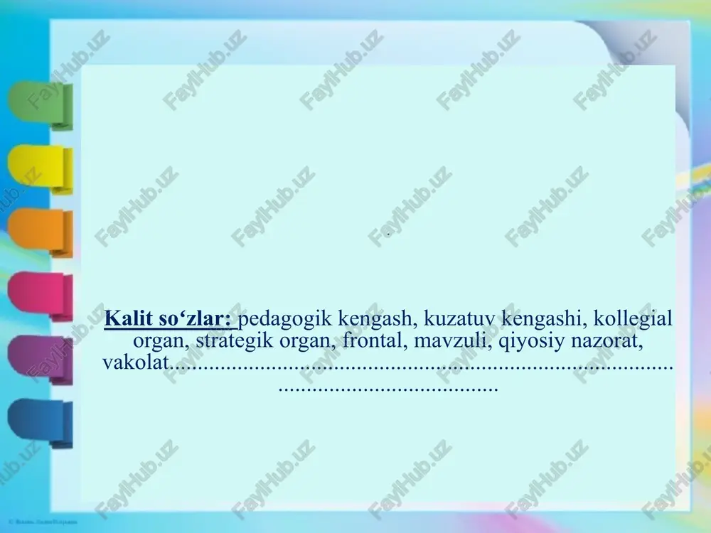 odik kengash faoliyatidagi asosiy yo'nalishlar “ustoz-shogird” metodi bo'yicha uzluksiz malaka oshirish yuzasidan hisobotlarini eshitish va xulosalar tayyorlash o'quv dasturi mazmuniga minimal o'zgartirish kiritishda ishtirok etish. yangi axborot texnologiyalarni joriy etish bo'yicha pedagogik tadqiqotlar olib borish metodik birlashma doirasida ijodkor, iqtidorli tarbiyalanuvchilar bilan alohida ish olib borilishini ta'minlash ustoz-shogird” metodi bo'yicha uzluksiz malaka oshirish yuzasidan hisobotlarini eshitish va xulosalar tayyorlash kengash o'z faoliyati doirasida tashkilot pedagogik kengashiga hisobot berish tarbiyachilarga malaka oshirish bo'yicha tavsiyalar berish aniqlangan ilg'or pedagoglarning ish tajribalarini ommalashtirish masalasini qo'yish ta'lim tashkilotda o'quv jarayonini yaxshilash bo'yicha taklif berish maktabgacha ta'lim tashkilotlarida ilg'or pedagogik texnologiyalarni joriy etishga qaratilgan yo'nalishlarni tashkillashtirish, pedagoglarning kasbiy mahoratini takomillashtirish maqsadida metodik kengash ishini turli shakllarda tashkil etish mumkin. masalan: nazariy-amaliy seminar tariqasida quyidagicha tashkil etiladi. maktabgacha ta'lim tashkilotlarida ilg'or pedagogik texnologiyalarni joriy etishga qaratilgan yo'nalishlarni tashkillashtirish, pedagoglarning kasbiy mahoratini takomillashtirish maqsadida metodik kengash ishini turli shakllarda tashkil etish mumkin. masalan: nazariy-amaliy seminar tariqasida quyidagicha …