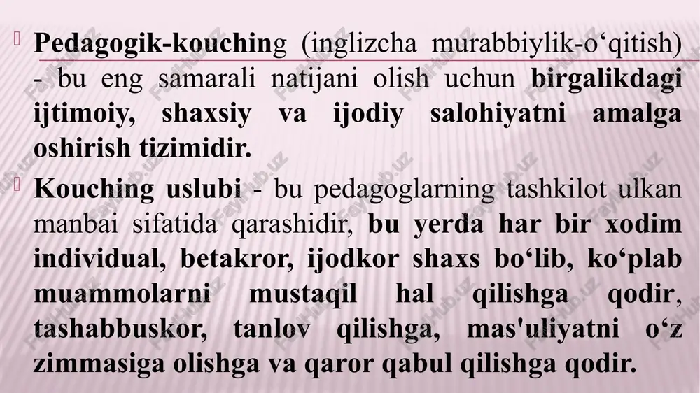 ligi” faoliyatining maqsad va vazifalari nimalardan iborat? 2. “pedagogik-kouching hamkorligi” faoliyati qanday tashkil etiladi? 3. kouching tushunchasiga izoh bering. 4. koucherning qanday huquqlari bor? 5.pedagogik-kouching hamkorlik hujjatlari qanday rasmiylashtiriladi? 16 adabiyot va manbalar roʻyxati 1.oʻzbekiston respublikasi maktabgacha taʼlim vazirining 2021-yil 12-iyuldagi “maktabgacha taʼlim tizimida uzluksiz metodik xizmat koʻrsatish ishlarini yanada rivojlantirish toʻgʻrisida”gi 128-sonli buyrugʻi. 17 e'tiboringiz uchun rahmat! image4.jpeg image5.jpeg image6.png image3.jpeg /docprops/thumbnail.jpeg