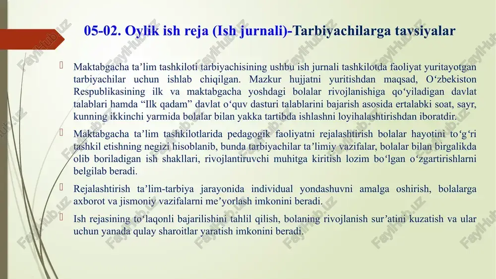 y guruh boʻlib ishlash – frontal mashgʻulot boʻlib, unga nutq, oʻqish va yozish malakalarini rivojlantirish, elementar matematika; savodxonlikka oʻrgatish; xorijiy til; jismoniy tarbiya; musiqa faoliyatlari hamda xoreografiya mashgʻulotlari kiradi. tarbiyachi tomonidan mutaxassislar bilan kelishgan holda, ushbu frontal mashgʻulotlarni olib borish vaqti ishlab chiqiladi va 1-chi pedagogik kengash qarori bilan tasdiqlanadi ta`lim-tarbiyaviy faoliyat markazlardagi faoliyatlar – taʼlim faoliyati mavzuli rejalashtirish asosida tashkil etilib, har bir yosh guruhlari uchun alohida oy va hafta mavzulari aks ettiriladi hamda beshta rivojlantirish markazlarida taʼlimiy faoliyat turlari tashkil etiladi: ● qurish-yasash, konstruksiyalash va matematika markazi; ● syujetli-rolli oʻyinlar va sahnalashtirish markazi; ● til va nutq markazi; ● fan va tabiat markazi; ● sanʼat markazi. namunaviy rejalashtirish berilgan markazlardagi faoliyatlarga, hudud (shahar)larning ichki imkoniyatlarini inobatga olib yoki ijodiy yondoshgan holda (asosiy oy mavzusidan chiqib ketilmaydi) oʻzgartirish va qoʻshimchalar kiritilganda markazlardagi faoliyat ish daftarida qayd etiladi. mavzu oʻzbekiston –mening vatanim davr sentyabr oyining 1-xaftasi-4.09 dan 8.09 gacha faoliyat …