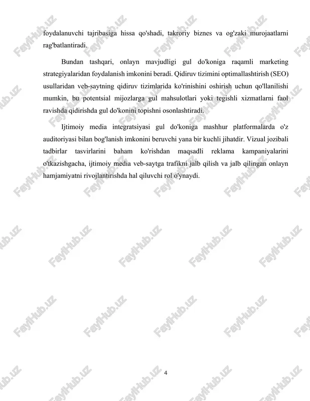 judlik, shu jumladan veb-saytga ega bo'lish juda muhimdir. bu onlayn buyurtma berishni osonlashtiradi, mavjud mahsulot va xizmatlar haqida ma'lumot beradi va mijozlarga do'kon portfelini ko'rib chiqish imkonini beradi. sifat va yangilik: gullar do'konining obro'si uchun gullarning sifati va yangiligini saqlash juda muhimdir. nufuzli etkazib beruvchilardan muntazam ravishda xarid qilish, to'g'ri saqlash sharoitlari va gullarni qayta ishlash va tartibga solishda tafsilotlarga e'tibor berish mahsulotlarning umumiy sifatiga yordam beradi. aslini olganda, gul do'koni shunchaki chakana savdo maydoni emas; bu ijodkorlik, hissiyotlar va bayramlar markazidir. bu odamlarga his-tuyg'ularini ifoda etishda, maxsus daqiqalarni eslashda va gullarning abadiy va efemer go'zalligi bilan joylarni obodonlashtirishda muhim rol o'ynaydi. 1.2 internetda mavjud bo'lishning ahamiyati global kirish: onlayn mavjudligi gul do'koniga geografik chegaralardan oshib ketish imkonini beradi. bu global auditoriyani qamrab olish imkoniyatlarini ochib, turli joylardan potentsial mijozlarga do'kon mahsulotlarini kashf qilish va ular bilan shug'ullanish imkonini beradi. foydalanish qulayligi va qulayligi: veb-sayt 24/7 kun davomida xizmat ko'rsatadigan …