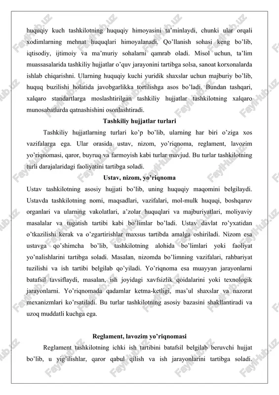 tirilgan tashkiliy hujjatlar tashkilotning xalqaro munosabatlarda qatnashishini osonlashtiradi. tashkiliy hujjatlar turlari tashkiliy hujjatlarning turlari ko’p bo’lib, ularning har biri o’ziga xos vazifalarga ega. ular orasida ustav, nizom, yo’riqnoma, reglament, lavozim yo’riqnomasi, qaror, buyruq va farmoyish kabi turlar mavjud. bu turlar tashkilotning turli darajalaridagi faoliyatini tartibga soladi. ustav, nizom, yo’riqnoma ustav tashkilotning asosiy hujjati bo’lib, uning huquqiy maqomini belgilaydi. ustavda tashkilotning nomi, maqsadlari, vazifalari, mol-mulk huquqi, boshqaruv organlari va ularning vakolatlari, a’zolar huquqlari va majburiyatlari, moliyaviy masalalar va tugatish tartibi kabi bo’limlar bo’ladi. ustav davlat ro’yxatidan o’tkazilishi kerak va o’zgartirishlar maxsus tartibda amalga oshiriladi. nizom esa ustavga qo’shimcha bo’lib, tashkilotning alohida bo’limlari yoki faoliyat yo’nalishlarini tartibga soladi. masalan, nizomda bo’limning vazifalari, rahbariyat tuzilishi va ish tartibi belgilab qo’yiladi. yo’riqnoma esa muayyan jarayonlarni batafsil tavsiflaydi, masalan, ish joyidagi xavfsizlik qoidalarini yoki texnologik jarayonlarni. yo’riqnomada qadamlar ketma-ketligi, mas’ul shaxslar va nazorat mexanizmlari ko’rsatiladi. bu turlar tashkilotning asosiy bazasini shakllantiradi va uzoq muddatli kuchga …
