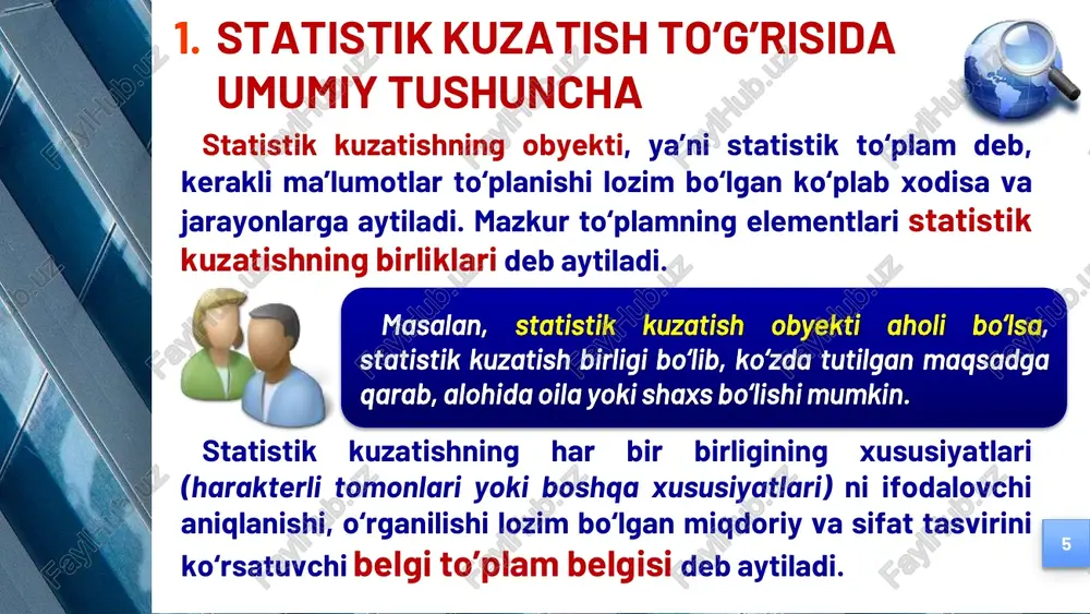 tutgan birliklar ajratib olib o’rganiladi. bosh to’plamdan bir qismini tanlab olib tekshirish tushuniladi. anketa orqali kuzatish monografik tasvirlash asosiy massivni kuzatish tanlab kuzatish 3. statistik kuzatishning dasturiy- uslubiy va tashkiliy masalalari 13 statistik kuzatishni tashkil qilish va uni o’tkazishda qo’pol xatolarga yo’l qo’yilsa, statistik kuzatish natijalarining samaradorligi pasayadi. shuning uchun ham bu murakkab ishni boshlashdan oldin har tomonlama muhokama va ekspertiza qilingan kuzatish rejasini tuzish zarur. statistik kuzatish rejasi dasturiy-uslubiy va tashkiliy masalalarni o’z ichiga oladi. 3. statistik kuzatishning dasturiy- uslubiy va tashkiliy masalalari 14 statistik kuzatishning dasturiy-uslubiy masalalari quyidagilardan tashkil topadi har bir ishni qilishdan oldin aniq maqsad va vazifalarni keltirib o’tish kerak kuzatish maqsadi va vazifalari bu kuzatish davomida yig’ilishi kerak bo’lgan savollar yoki qayd qilinishi lozim bo’lgan belgilar va ko’rsatkichlar ro’yxatidir kuzatish dasturi bu tekshirish o’tkaziladigan xodisa va jarayonlar yig’indisi yoki statistik ma’lumotlar qayd qilinadigan aniq chegara miqdori (oralig’i)dir kuzatish obyekti bu hisob asosi yoki kuzatishda qayd …
