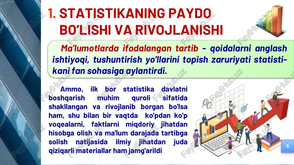 n ob’ekt to’g’risidagi ma’lumotlarni to’plash jamlash va guruhlash umumlashtiruvchi ko’rsatkichlarni hisoblash va talqin qilish 2. statistika fanining predmeti va usullari 15 statistik ma’lumotlar manbai birlamchi manbalar statistik, tanlama kuzatish, turli tekshiruv natijalari, turli ro’yhatlar natijalari ikkilamchi manbalar davriy va joriy nashrlarda chop etiladigan ma’lumotlar 2. statistika fanining predmeti va usullari 16 statistika fani tarmoqlari iqtisodiy statistika tarmoqlar statistikasi ijtimoiy statistika statistika umumiy nazariyasi 3. statistika fanining asosiy kategoriyalari va tushunchalari • bu umumiy bog’liqlikda, qandaydir bir sifat belgisi bilan birlashgan va bir- biridan farq qiluvchi ob’ekt yoki hodisalarning yig’indisidir. • masalan, korxonalar soni, aktsiyadorlik jamiyatlari soni, oilalar soni va h.k. to’plamlar bir jinsli (o’xshash, bir xil bo’lgan) va turli jinsli bo’lishi mumkin. statistik to’plam • bu to’plam birligining sifatiy xususiyatidir. o’rganilayotgan to’plam birligini ifodalash xarakteriga qarab belgilar miqdoriy, atributiv va alternativ belgilarga bo’linadi. belgi • bu kategoriya bo’lib, hodisa va voqealarni aniq sharoit va vaqtdagi miqdoriy tasvirlanishidir statistik ko’rsatkich • …