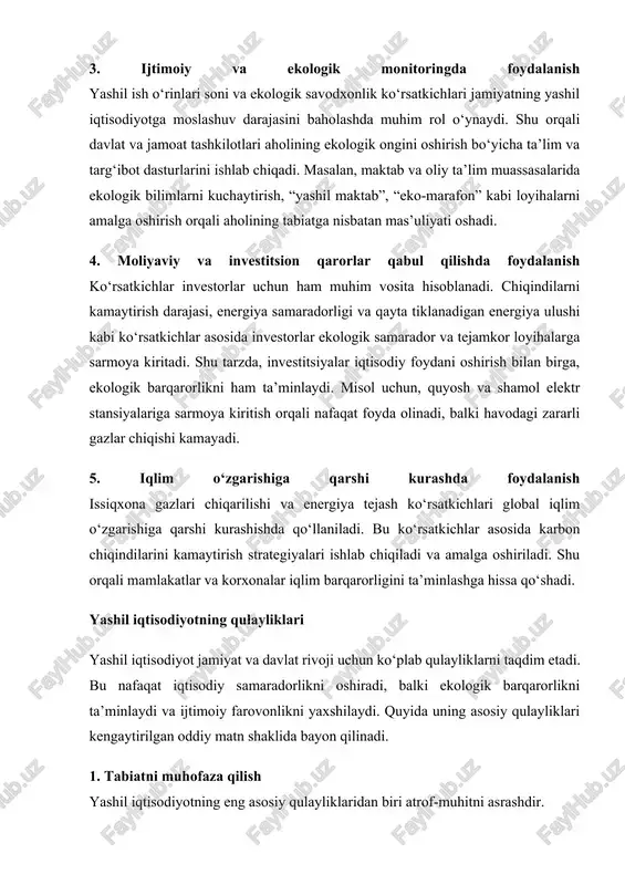 sodiyotning eng asosiy qulayliklaridan biri atrof-muhitni asrashdir. chiqindilarni qayta ishlash, energiya tejovchi texnologiyalarni joriy etish, suv va tuproq resurslaridan oqilona foydalanish orqali ekologik ifloslanish kamayadi. masalan, sanoat korxonalari chiqindilarni saralash va qayta ishlashni yo‘lga qo‘yganda nafaqat atrof-muhit ifloslanishidan saqlanadi, balki yangi xomashyo manbasi ham yaratiladi. shu tarzda, yashil iqtisodiyot nafaqat bugungi avlod, balki kelajak avlod uchun ham sog‘lom va xavfsiz muhit yaratadi. 2. energiya samaradorligi va mustaqillik yashil iqtisodiyot energiya tejashni rag‘batlantiradi. energiya samaradorligi yuqori bo‘lgan texnologiyalar va qayta tiklanadigan energiya manbalarini qo‘llash orqali ishlab chiqarish xarajatlari kamayadi. masalan, quyosh va shamol elektr stansiyalari orqali ishlab chiqariladigan energiya an’anaviy yoqilg‘iga bo‘lgan qaramlikni pasaytiradi. shu bilan birga, mamlakatning energiya mustaqilligi oshadi va iqtisodiyot barqaror rivojlanadi. 3. iqtisodiy o‘sish va yangi ish o‘rinlari yashil iqtisodiyot yangi ish o‘rinlarini yaratishga yordam beradi. qayta tiklanadigan energiya sohasidagi loyihalar, chiqindilarni qayta ishlash korxonalari, ekologik transport tizimlari va energiya tejovchi texnologiyalar orqali ko‘plab yangi ish joylari …