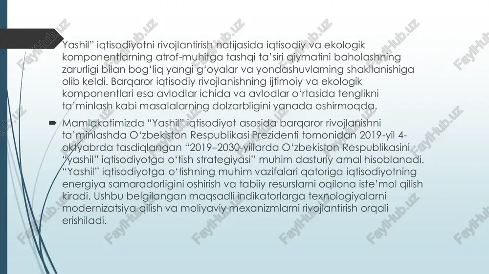 l xaritasi“ „yashil iqtisodiyot“ tushunchasini oydinlashtirish va shakllantirish bo‘yicha keng qamrovli va ko‘p tarmoqli saʼy-harakatlarni ifodalaydi. u global muammolarga yechim topishda biznesning rolini taʼkidlaydi. u yashil iqtisodiyotga oʻtish uchun biznes/tarmoq ichidagi va hamkorlikdagi harakatlarga taalluqli quyidagi 10 ta shartni belgilaydi:  ochiq va raqobatbardosh bozorlar  koʻrsatkichlar, buxgalteriya hisobi va hisobot  moliya va investitsiyalar  ogohlik  hayotiy tsikl yondashuvi  resurs samaradorligi va ajratish  bandlik  taʼlim va koʻnikmalar  boshqaruv va hamkorlik  integratsiyalashgan siyosat va qarorlar qabul qilish