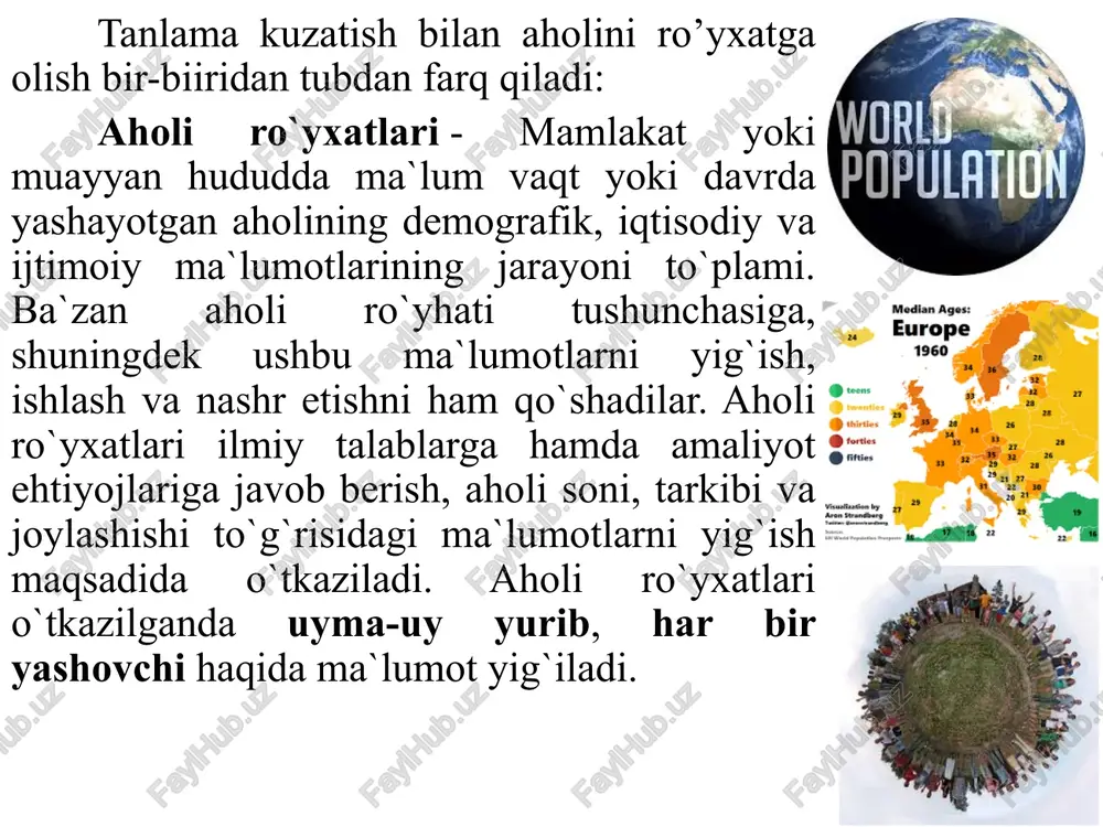 bo’lgan ayrim kamchilik va xatoliklardan xoli bo’lmaydi. tanlama kuzatishga xos bo’lgan xatolarni reprezentativ xatolar yoki vakolatli xatolar deyiladi. ular tanlama kuzatish ma’lumotlari bilan bosh to’plam ma’lumotlarining to’g’ri kelmaslik miqdorini xarakterlab beradi. reprezentativ xatolar tasodifiy va muntazam xatolarga bo’linadi. tasodifiy xatolar kuzatish yoppasiga bo’lmaganligi sababli to’plamni yetarli darajada aniq ko’rsata olmaganligidan kelib chiqadi. ularning miqdori katta sonlar qonuni va ehtimollar nazariyasiga asoslangan holda etarli aniqlik bilan aniqlanadi. muntazam xatolar kuzatish uchun tanlangan to’plam birligini ajratishda tasodifiylik tamoyilining buzilishi natijasida kelib chiqadi. masalan, qarmii da o’zlashtirishni yuqori darajada ko’rsatish uchun a’lochi talabalar maxsus tanlab olingan. bosh to’plamdan birliklarni tanlab olish qoidalariga qarab, tanlash tasodifiy, mexanik, tipik, seriyali (uyali) va kombinatsiyali tanlash usullarida amalga oshirilishi mumkin. tasodifiy tanlash. tanlashning bu usuli keng tarqalgan bo’lib, u qur’a usuli ham deyiladi, bunda to’plamning har birligi uchun tartib raqamli jeton yoki bilet tayyorlanadi. keyin ulardan tasodifiy tartibda to’plam birligining kerakli bo’lgan miqdori (birligi) saralab olinadi. bunday …