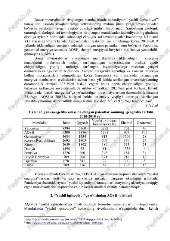 nergiyasining ulushi 7,6% va quyosh energiyasi ulushi 3,5%ni tashkil etdi (3-rasm). 5, 2,0 6 7,2 9,5 5,3 7,6 19,5 13,8 24,4 27,8 38,9 38,4 2009 y. 2019 y. neft atom gaz gidro ko'mir tiklanadigan gidro; boshqa; 12,4 1,5 atom; 17,9 shamol; 7,6 ko'mir; 22,2 tiklanadigan; 14,6 quyosh; 3,5 gaz; 30,1 boshqa; 3,5 neft; 1,5 2-rasm. ihtt mamlakatlarida birlamchi energiya iste’moli tarkibining o‘zgarishi, %[footnoteref:5] [5: bp statistical review of world energy 2020 ma’lumotlari asosida tuzilgan] 3-rasm. ihtt mamlakatlarida elektrenergiya ishlab chiqarish manbalari tarkibi, 2019 y.[footnoteref:6] [6: bp statistical review of world energy 2020 ma’lumotlari asosida tuzilgan] bozor munosabatlari rivojlangan mamlakatlarda iqtisodiyotni “yashil iqtisodiyot” tamoyillari asosida rivojlantirishga o‘tkazishning muhim jihati yangi texnologiyalar bo‘yicha yetakchi mavqeni saqlab qolishga intilish hisoblanadi. sanoatning ekologik tarmoqlari, ekologik sof texnologiyalar rivojlangan mamlakatlar iqtisodiyotining ajralmas qismiga aylanib bormoqda. jahondagi ekologik sof texnologiyalar bozorining 1/3 qismi yei hissasiga to‘g‘ri keladi. xalqaro patent tashkiloti ma’lumotlariga ko‘ra, 2010–2019 yillarda tiklanadigan energiya …