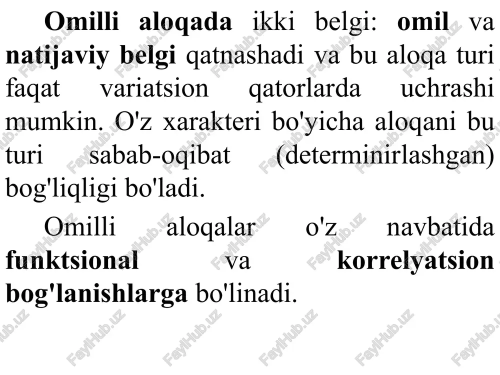 ya’ni sabab va oqibat belgilar munosabatlari orqali emas, balki bevosita munosabatlar orqali bog‘lanishda bo‘ladi. 12 statistikada har dom ham bog‘lanishlarni miqdoriy jihatdan baholashni o‘tkazish kerak emas. eng muhimi bog‘lanishlarning yo‘nalishi va xarakteri, bir omilning ikkinchisiga ta’sir etish shaklini aniqlashdir. statistikada bog‘lanishlarning mavjudligi, yo‘nalishi va xarakterini aniqlash uchun quyidagi usullardan foydalaniladi: parallel ma’lumotlarni keltirish; analitik guruhlash; grafik; korrelyatsiya. korrelyatsion-regression tahlil yordamida asosan ikki turdagi masala yechiladi: 1. belgilar o‘rtasidagi bog‘lanishni ifodalovchi regressiya tenglamasini aniqlash va uni ma’lum ehtimol (ishonch darajasi) bilan baholash: 2. bog‘lanish zichligini aniqlash. korrelyatsion-regression tahlilni qo‘llashda statistik to‘plam quyidagi talablarga javob berishi kerak: natijaviy belgining o‘rtacha miqdori soxta bo‘lmasligi; tasodifiy xatolar ta’sirining yo‘qolib ketishi uchun to‘plam miqdori yetarlicha katta bo‘lishi; to‘plamning birliklari o‘zaro bog‘lanmagan bo‘lishi; natijaviy belgi omillarning barcha qiymatlarida normal taqsimot qonuniga bo‘ysunishi yoki unga yaqin bo‘lishi. 13 n=60 18 13 21 8 nx 22 – – 19 3 0.8 12 4 6 2 – 0.6 26 …