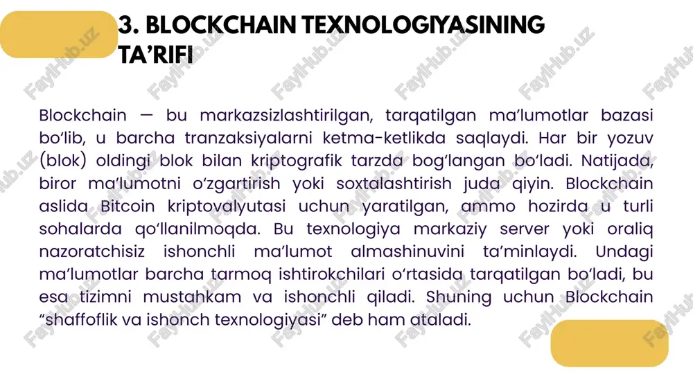 hilarsiz amalga oshiriladi. biroq, blockchain texnologiyasi ayrim kamchiliklarga ham ega. masalan, tranzaksiyalar soni ortganda tizim sekinlashadi (scalability muammosi). shuningdek, ayrim blockchain tarmoqlari ko‘p energiya sarflaydi (masalan, proof of work asosidagi tarmoqlar). ma’lumotlar o‘zgarmasligi esa xatoliklarni tuzatishni qiyinlashtiradi. shunday bo‘lsa-da, blockchainning afzalliklari uning kamchiliklaridan ustun bo‘lib, uni kelajak texnologiyasi sifatida qaralishiga sabab bo‘lmoqda. blockchain texnologiyasining afzalliklari va kamchiliklari 11. xulosa big data va blockchain texnologiyalari zamonaviy raqamli dunyoda katta ahamiyat kasb etadi. big data yordamida insoniyat ulkan hajmdagi ma’lumotlardan foydali tahlillar olmoqda, blockchain esa ularning ishonchliligi va xavfsizligini ta’minlamoqda. ushbu texnologiyalar birgalikda qo‘llanilganda iqtisodiy, tibbiy, ta’lim va davlat boshqaruvi sohalarida inqilobiy natijalarga erishish mumkin. kelajakda big data va blockchain integratsiyasi raqamli transformatsiyaning asosiy omillaridan biriga aylanishi kutilmoqda. shunday ekan, bu texnologiyalarni o‘rganish va ularni amaliyotda qo‘llash raqamli jamiyat rivojining muhim yo‘nalishidir. image1.jpeg image2.jpeg image3.png image4.svg /docprops/thumbnail.jpeg