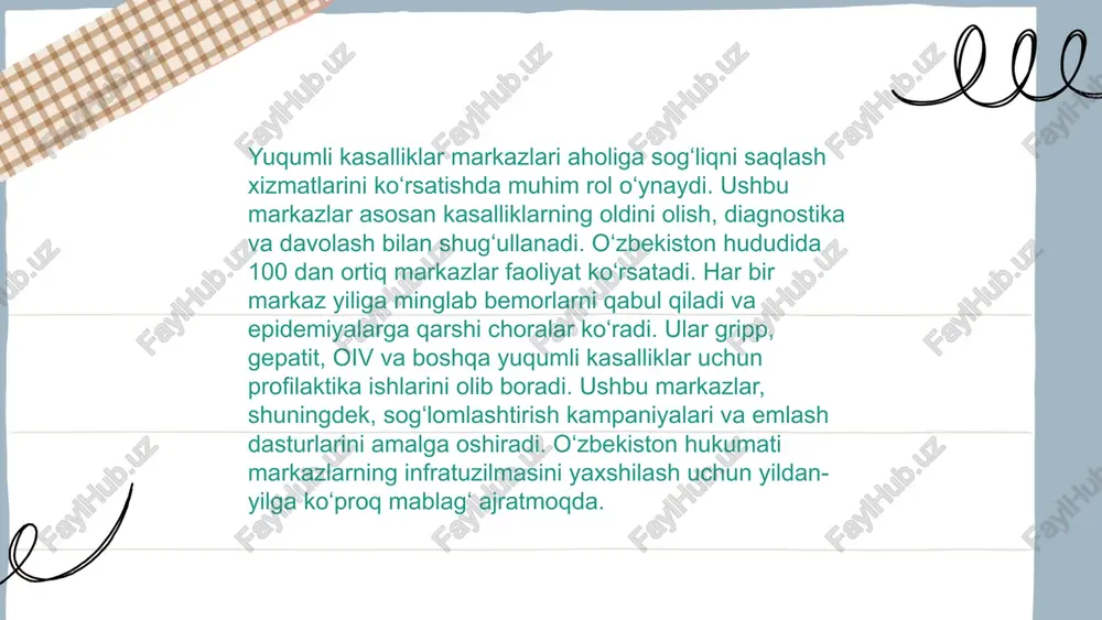 tirilgan. ushbu strategiyada tbga chidamli shakllarni davolashga alohida eʼtibor qaratiladi. ... t.me/slaydai_bot oʻzbekiston sogʻliqni saqlash tizimida islohotlar doirasida bir qator muhim qadamlar tashlandi. 2022 yilda sogʻliqni saqlashga ajratilgan mablagʻlar mamlakat yaimining 3,5 foizini tashkil etdi. xalq salomatligini yaxshilash maqsadida 2023 yilda 500 dan ortiq yangi tibbiyot muassasalari ochildi. shuningdek, aholining birlamchi tibbiy xizmatlardan foydalanishini tashkillashtirish uchun 1000 dan ortiq oilaviy shifokor punktlari ochildi. bolalar orasida o‘limini kamaytirishga yo‘naltirilgan chora-tadbirlari natijasida, 2023 yil yakunlariga koʻra, 5 yoshgacha boʻlgan bolalar oʻlimi 20% ga kamaydi. yangi tele-tibbiyot texnologiyalari sinovdan oʻtkazilib, taxminan 200 ming kishi maslahatlar oldi. ... t.me/slaydai_bot 12. siyosiy va huquqiy asosiy hujjatlar tizimi davlat boshqaruvi va huquqiy tartibni muvofiqlashtirishga xizmat qiladi. o‘zbekiston respublikasi konstitutsiyasi (1992-yil) bu boradagi eng muhim hujjat hisoblanadi. shuningdek, siyosiy partiyalar to‘g‘risidagi qonunlar, saylov kodekslari va referendumlarga oid me'yoriy hujjatlar ham muhim sanaladi. huquqiy asosni mustahkamlashda prezident farmonlari, oliy majlis qarorlari va hukumat qarorlari katta ahamiyatga ega. ushbu …