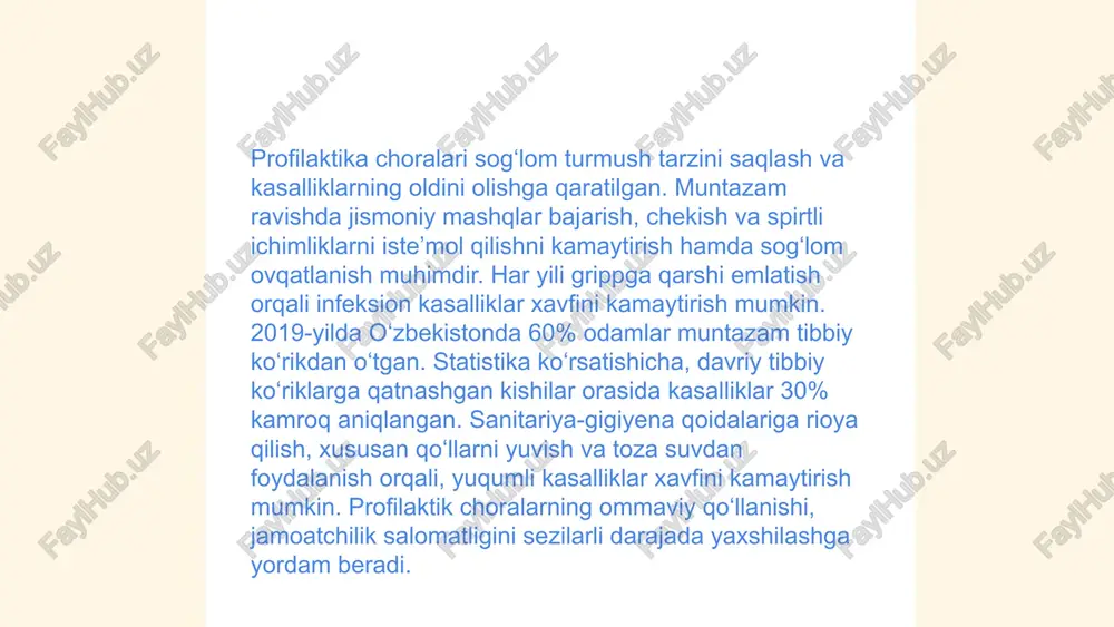 (jsst) ma'lumotlariga ko‘ra, yuqori sifatli tibbiy xizmatlar uchun zamonaviy bilim va ko‘nikmaga ega bo‘lgan kadrlar tayyorlanishi zarur. o‘zbekiston 2020-yildan boshlab davlat budjetidan sog‘liqni saqlash tizimiga 30% ko‘proq mablag‘ ajratdi. 2021 yilda tibbiyot sohasida 10 mingdan ortiq malakali mutaxassislar yetishmayotganligi qayd etilgan. respublikada 2022 yilda 3 mingdan ortiq yangi kadrlarni tayyorlash maqsad etib belgilangan, shu jumladan, 1200 nafari yosh mutaxassislarga ixtisoslashtirilgan kurslarda tahsil berish rejalashtirilgan. ... t.me/slaydai_bot xavflarni baholash va kamaytirish usullari xavfsizlikni ta’minlashda muhim ahamiyatga ega. baholash jarayonida xavf omillari aniqlanadi va ularning ehtimoli hamda ta’siri baholanadi. statistik ma’lumotlar va matematik modellardan foydalaniladi. keyinchalik, xavfni kamaytirish strategiyalari qo'llanadi. masalan, 80% xavf omili nazorat choralari bilan 50% ga, muayyan ehtiyot choralar ko’rilganda esa 30% gacha kamayishi mumkin. xodimlarga treninglar o’tkazish ham muhimdir, bu esa baxtsiz hodisalarning 40% gacha kamayishiga olib kelishi mumkin. doimiy monitoring va qayta baholash orqali xavf darajasi 20%-ga yomonlashishi mumkin, shuning uchun ehtiyot choralari muntazam yangilanishi lozim. ... …