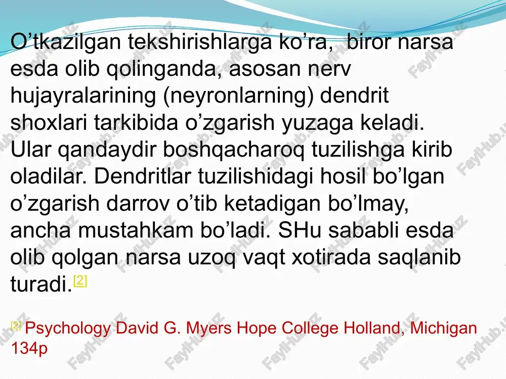 ga tushirishdir. ihtiyoriy esga tushirish-shahs o'z oliga biror bir maqsadni qo'yib, iroda kuchini sarflagan holda esga tushirishdir. esda saqlash deganda ilgari tug’ilgan taassurot, fikr, his-tuyg’u va ish-harakatlarning takrorlanishiga moyillik paydo qilishi va mustahkamlanishi tushuniladi reministsenciya hodisasi (hira esga keltirish)-unutilgan narsalarni yana hotirada qaytadan tiklanishi deyiladi esda olib ?olish va unutish tezligiga ko'ra hotiraning quyidagi tiplari mavjud: 4) sekin esda qoldirish, tez unutish. 3) sekin esda qoldirish, sekin unutish; 2) tez esda qoldirish, tez unutish; 1) tez esda qoldirish, sekin unutish; hotira tasavvurlari -ilgari idrok qilingan narsa va hodisalar obrazlarining ongimizda qaytadan gavdalanishiga aytiladi. hotiraning psihologik nazariyalari inson faolligi bilan bog’liq bo'lgan hotira jarayonlarini shakllantirishni tadqiq etadi va uning quyidagi turlari mavjud: birinchisi assotsiativ nazariyadir. ikkinchi psihologik nazariya hotiraning geshtalt nazariyasidir. uchinchisi biheviorizm nazariyasi – inson hotirasida, esda olib qolishda takrorlashning ahamiyatiga diqqatni qaratadi. to'rinchisi freydizm hotirani emotsiyalar, motivlar va ehtiyojlar bilan bog’laydi. beshinchisi mantiqiy nazariya a.bine va byullerlar tomonidan ilgari …