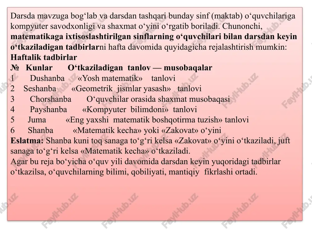 a tayyorlash; 3. mustaqil hisoblash ishlarini bajarish; 4. miqdorlar orasidagi bog‘lanishga doir masalalarni yechish. 5. algebra va geometriya elementlarini puxta o‘rganishga tayyorlash. 6. mantiqiy fikrlashni rivojlantirishga imkon beradigan masalalar yechish. 7. fazoviy tushunchalarni, chizmachilik ko‘nikmalarini shakllantirish. olimpiadalar o‘tkazishdan maqsad matematikadan qobiliyatli, iqtidorli bo‘lgan bolalarni aniqlash va shu fanga bo‘lgan qi­ziqishni oshirishdir. olimpiadalar asosan maktabda, tumanda yoki shahar miqyosida bo‘ladi. o‘qituvchi bolalarni olimpiada davrida beriladigan topshiriqlarga o‘xshash misol va masalalar bilan tanishtiradi. bu topshiriqlar quyidagicha bo‘lishi mumkin: 1. geolog 7 ta tosh topdi. bu toshlar 1 kg, 2 kg, 3 kg, 4 kg, 5 kg, 6 kg, 7 kg lik toshlardan iborat. hamma toshlarni 4 ta qopga joylaganda, toshlarning og‘irligi bir xil edi. buni qanday bajaradi? 2. 21, 19, 30, 25, 3, 12, 9, 15, 6, 27 sonlaridan 3 tasini tanlangki, ularning yig‘indisi 50 ga teng bo‘lsin. 3. bir taqsimchada 5 ta bir xil olma va 3 ta bir xil nok, …