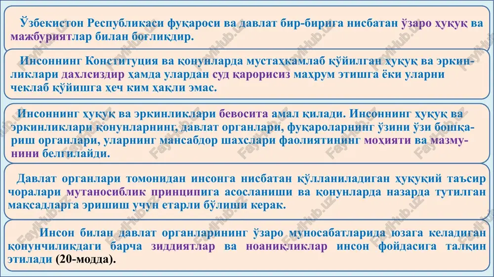 a farzandlikka olinganda o'zbekiston respublikasi fuqaroligini olishi o'zbekiston respublika-sining fuqaroligi-ga qabul qilish: soddalashtiril-gan tartibda; alohida tartibda amalga oshiriladi. umumiy tartibda; a) chet davlat fuqaroligidan chiqishni rasmiylashtirgan bo'lsa; umumiy tartibda qabul qilish: v) tirikchilikning qonuniy manbaiga ega bo'lsa; b) fuqaroligi bo'lmagan shaxsga yashash guvohnomasi olingan kundan e'tiboran va o'zbekiston respublikasining fuqaro-ligiga qabul qilish to'g'risidagi iltimosnoma bilan murojaat qilgan kunga qadar o'zbekiston respublikasi hududida uzluksiz besh yil davomida doimiy yashab kelayotgan bo'lsa; g) o'zbekiston respublikasining konstitutsiyasiga rioya etish majburiyatini o'z zimmasiga olsa; d) davlat tilini muloqot qilish uchun zarur darajada bilsa. soddalash-tirilgan tartibda qabul qilish: a) o'zbekiston respublikasi hududida yashaydigan va o'zbekiston respublikasi fuqarosi bo'lgan, nasl-nasab shajarasi bo'yicha to'g'ri tutashgan loaqal bitta o'zidan oldingi qarindoshga ega bo'lsa; b) tirik-chilikning qonuniy manbaiga ega bo'lsa; v) o'zbekiston respublikasining konstitutsiyasiga rioya etish majburiyatini o'z zimmasiga olsa; g) davlat tilini qonunchilikda belgilangan tartibda muloqot qilish uchun zarur darajada bilsa. o'zbekiston respublikasining fuqaro-ligiga alohida tartibda qabul qilish. …