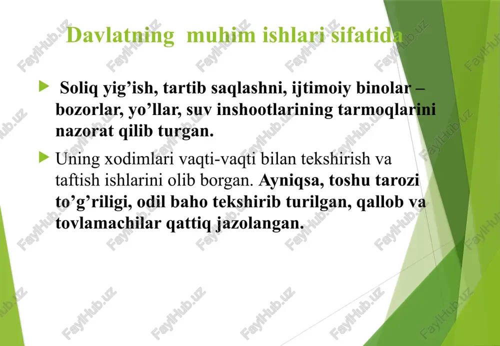 mkoniga ega bo‘ladi. soliq aniq uch muddatda, dehqon hosili pishishiga qarab bo‘lingan alisher navoiy iqtisodiy ta‘lmoti alisher navoiy (1441-1501) buyuk shoir va davlat arbobi. u o‘z davrining siyosiy va iqtisodiy ahvolini yaxshilash, mamlakatning iqtisodiy qudratini barqarorlashtirish uchun kishilarda vatanparvarlik his-tuyg‘usini uyg‘otish zarurligini yaxshi tushungan. navoiyning «hiloliya» asari navoiyning dastlabki ijtimoiy-iqtisodiy fikrlari shakllangan asari «hiloliya» hisoblanadi. u shaxsning tarixdagi o'rniga katta e’tibor berib, mamlakatning iqtisodiy ahvoli mamlakat xukmdorining aql-idroki va qobiliyatiga bog‘liqligini aytadi. navoiy ta‘lmoti “agar mamlakat hukmdori fanlarni, ayniqsa, iqtisodiyot, tarix, falsafa va siyosiy fanlarni mukammal bilsa, o‘zi boshqarayotgan mamlakat obod va badavlat bo‘ladi, agar aksi bo‘lsa, mamlakat qashshoq va xarob bo'ladi”, - deydi navoiy. mamlakat iqtisodiyotini yuksaltirishda navoiy mamlakat iqtisodiyotini yuksaltirishda qishloq xo‘jaligi ishlab chiqarishiga alohida e’tibor berdi. uning fikricha markaziy osiyo sharoitida irrigatsiya inshootlarini kengaytirish - dehqonchilikni rivojlantirishga olib keluvchi muhim omillardan hisoblanadi. shu bois juda ko‘p kanal va ariqlar qazildi. asosiy ishlab chiqarish vositasi bo‘lgan yerni kengaytirishga, …