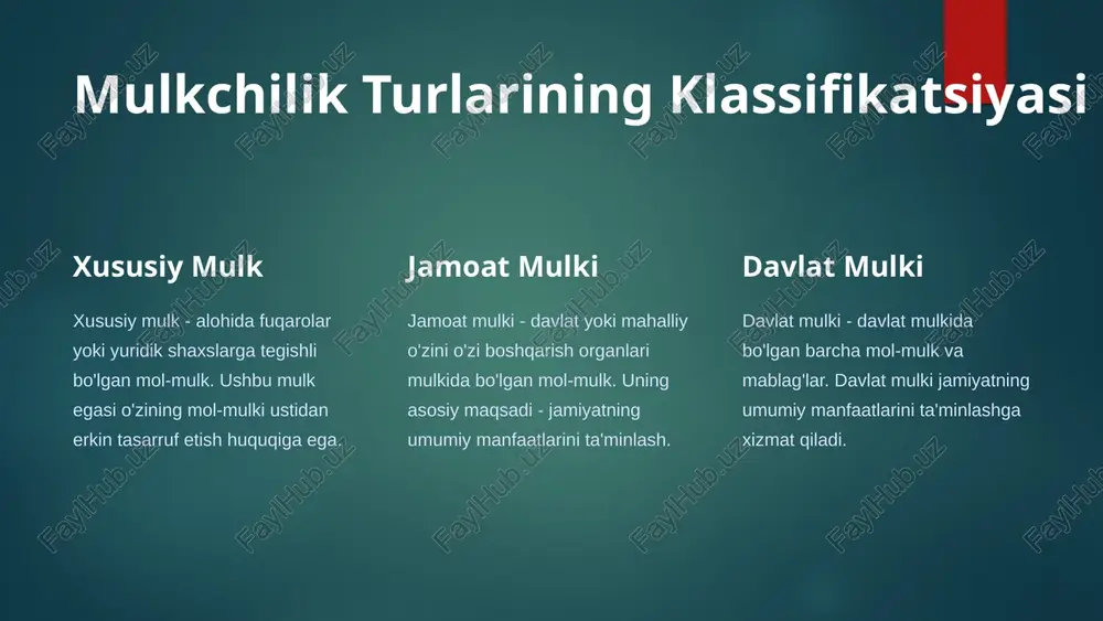 alari bilan hamkorlikda amalga oshiriladigan korxonalar. 2 xususiy-jamoaviy sheriklik xususiy va jamoatchilik manfaatlarini uyg'unlashtiruvchi mulkchilik shakli. 3 aralash kompaniyalar turli mulkchilik shakllari (davlat, xususiy, jamoaviy) birikmasidan iborat korxonalar. 16 nochasho'ba mulklar muzeylar tarixiy, badiiy va madaniy yodgorliklar saqlanadigan va namoyish qilinadigan muassasalar. diniy binolar ibodat uchun mo'ljallangan barcha turdagi binolar va inshootlar. kutubxonalar kitoblarni saqlash, tarqatish va ommaviy foydalanishni ta'minlaydigan muassasalar. 17 teskari mulk huquqlari ijaraga olish boshqa shaxsdan mulkni ijaraga olish va foydalanish huquqi. erkin pul mulk egasining o'z mulkidan foydalanishga cheklanganligini anglatadi. qat'iy tartiblar mulkka egalik huquqlari ustidan davlat tomonidan qo'yilgan cheklovlar. 18 mulkchilik huquqlarini himoya qilish qonuniy huquqlar mulkka egalik, undan foydalanish va tasarruf etishga doir qonuniy huquqlar. sud himoyasi mulkchilik huquqlarini sud orqali himoya qilish va qayta tiklash imkoniyati. qonuniy cheklovlar mulkka bo'lgan huquqlarning qonun bilan belgilangan chegara va cheklovlari. 19 mulkchilik huquqlarini himoya qilish qonuniy huquqlar mulkka egalik, undan foydalanish va tasarruf etishga doir qonuniy …