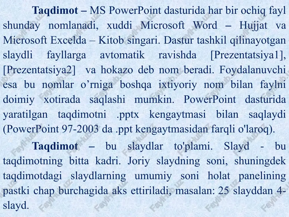 asturlar") yozuvini bosing. 3. ro‘yxatdan microsoft office papkasini tanlang. 4. uni oching va microsoft powerpoint-ni tanlang. powerpoint dasturidan chiqishning yo'llari 1. powerpoint oynasida yopish (x) tugmachasini bosing. 2. “fayl tugmasidan” → powerpoint dasturidan hiqish (vixod iz powerpoint) yoki “fayl tugmasidan”→yopish (zakrit) buyrug‘ini tanlang. 3. tugmachalar birikmasini bosing. powerpoint dasturi nima uchun kerak? taqdimotlarni noldan yoki tayyor shablon asosida yaratish; matn, tasvir, kartinka va video qo'shish; power point dizaynerida professional dizayn variantlarini tanlash; o'tishlarni, animatsiyalarni va kinematografik harakatlarni qo'shish imkoniyatlari mavjud. power point dasturining asosiy imkoniyatlari ms power point dasturining taqdimotlar yaratishdagi asosiy imkoniyatlari quyidagilardan iborat: − matn, jadval, grafiklar bilan ishlash; − slaydlarda animatsiya, video, ovozdan foydalanish; − slaydlar ko‘rinishi uchun turli dizayn shablonlaridan foydalanish; − taqdimot davomida taqdimot slaydlarini ko‘rsatish tartibini nazorat qilish va hokazo. taqdimotlar nima uchun kerak? taqdimotlar bizga ma'lumotni yanada aniqroq etkazish imkonini beradi, vizual tasvirlar yaxshiroq eslab qoladi va katta ehtimol bilan ular zerikarli ko'p …