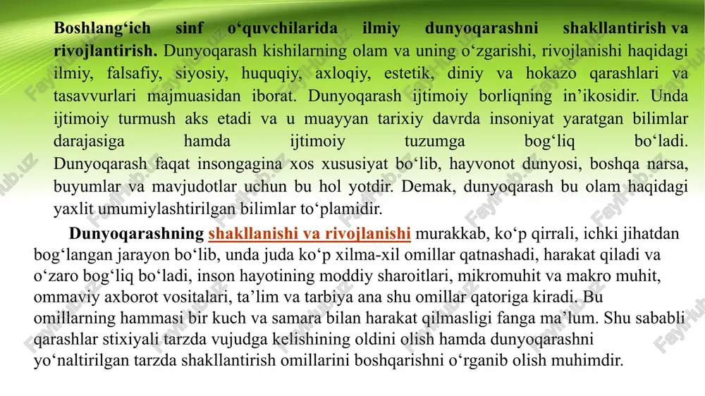 hqari tashkil etiladigan tarbiyaviy ishlardan ham keng foydalanish lozim. sinfdan tashqari ishlarning o‘ziga xos xususiyati bolalarning tashabbuskorligi va ijodkorligini o‘stirish, nazariy bilimlarini turmush tajribasi bilan to‘la bog‘lash imkoniyatini beradi. shuning uchun boshlang‘ich ta’limda sinfdan tashqari ishlarni tashkil etish maqsadga muvofiqdir. sinfdan tashqari ishlarni boshlang‘ich sinfda ekskursiya, maktab tajriba maydonchasidagi ishlar va to‘garaklar ko‘rinishida ham tashkil qilish mumkin. tabiatshunoslar to‘garagida o‘quvchilar tabiat va undagi hodisalar, qishloq xo‘jaligi yumushlari bilan sinfdagiga qaraganda ancha ko‘p, kengroq va chuqurroq tanishadilar. ular faqat tabiat va undagi voqea-hodisalarnigina o‘rganib qolmay, balki o‘simliklarni o‘stirish, hayvonlar va qushlarni parvarish qilish, daraxt ko‘chatlari o‘tqizish va boshqa turli amaliy ishlarni ham bajaradilar. bu mazmundagi ishlarni bajarish, o‘simliklar va hayvonlarni parvarish qilish o‘quvchilarning tabiat va qishloq xo‘jaligi haqidagi bilimlarini mustahkamlaydi va kengaytiradi, ularning ongini yangi tasavvur va tushunchalar bilan boyitadi. maktabda huquqiy tarbiyani amalga oshirish imkoniyatlari. maktabdagi huquqiy tarbiya o‘z ichiga o‘quvchilarni huquqiy bilimlar bilan qurollantirish, mazkur bilimlar asosida o‘z xulq-atvoriga …