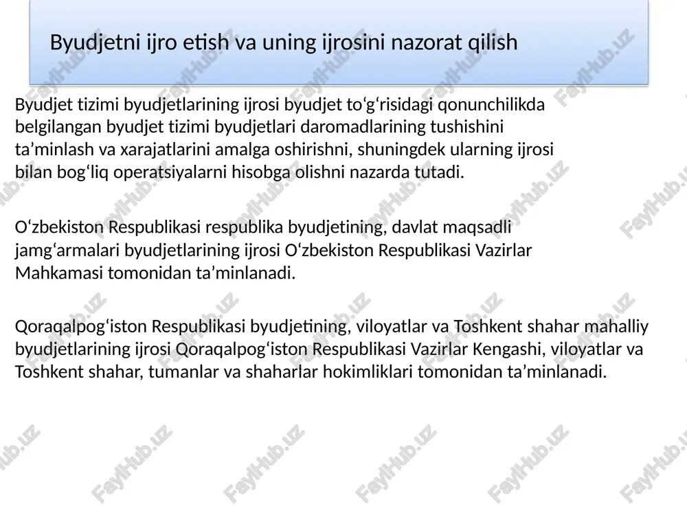 tuzish, ko‘rib chiqish va tasdiqlash davlat byudjetining va davlat maqsadli jamg‘armalari byudjetlarining ijrosi to‘g‘risidagi hisobotlarni ko‘rib chiqish hamda tasdiqlash o‘zbekiston respublikasi oliy majlisining qonunchilik palatasi, senati o‘zbekiston respublikasi vazirlar mahkamasi tomonidan tegishli hisobot davri uchun taqdim etilgan davlat byudjetining va davlat maqsadli jamg‘armalari byudjetlarining ijrosi to‘g‘risidagi hisobotni tegishincha o‘zbekiston respublikasi oliy majlisi qonunchilik palatasidagi siyosiy partiyalar fraksiyalarida, o‘zbekiston respublikasi oliy majlisi palatalarining qo‘mitalarida muhokama qilish asosida ko‘rib chiqadi. tegishli hisobot davri uchun o‘zbekiston respublikasi davlat byudjetining va davlat maqsadli jamg‘armalari byudjetlarining ijrosi to‘g‘risidagi hisobot o‘zbekiston respublikasi oliy majlisi qonunchilik palatasidagi siyosiy partiyalar fraksiyalarida, o‘zbekiston respublikasi oliy majlisi palatalarining qo‘mitalarida ko‘rib chiqilganidan keyin tegishincha o‘zbekiston respublikasi oliy majlisi palatalarining majlislarida ko‘rib chiqiladi hamda o‘zbekiston respublikasi oliy majlisi qonunchilik palatasining, senatining qarori bilan tasdiqlanadi. byudjetlarning ijrosi to‘g‘risidagi hisobotlarni tuzish, ko‘rib chiqish va tasdiqlash image1.png image2.png image3.png image4.png image5.png image6.jpeg image7.png