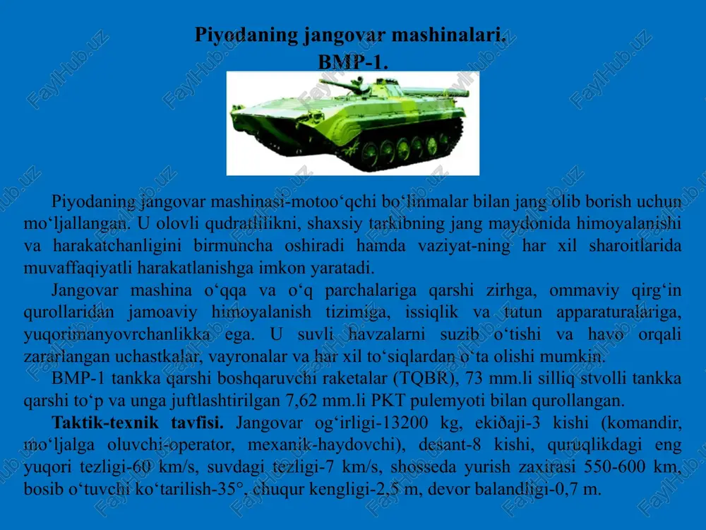 , balandligi - 6 m. su-24 taktik-texnik tavsifi. eng yuqori tezligi - 1700 km/s, eng baland uchishi - 11000 m, samolyot uzunligi - 24 m, balandligi - 6 m. su-17 taktik-texnik tavsifi. eng yuqori tezligi -1900 km/s, eng baland uchishi -15200 m, samolyot uzunligi -18,9 m, balandligi - 4,9 m. su-25 taktik-texnik tavsifi. eng yuqori tezligi - 970 km/s, eng baland uchishi - 7000 m, samolyot uzunligi - 15,5 m, balandligi - 4,8 m. mig-29 ning taktik-texnik tavsifi. eng yuqori tezligi -2450 km/s, eng baland uchishi - 18000 m, samolyot uzunligi - 17,3 m, balandligi - 4,7 m. a-50 ning taktik-texnik tavsifi. patrullash tezligi — 600 km/s, eng baland uchishi — 10200 m, uchish davomiyligi — 7 soat, samolyot ekiðaji — 5 kishi, samolyot uzunligi — 46,5 m, balandligi — 14,7 m. il-76 samolyoti bazasida yaratilgan. il-76 ning taktik-texnik tavsifi. samolyot ekiðaji - 7 kishi, balandligi - 14,76 m, samolyot …