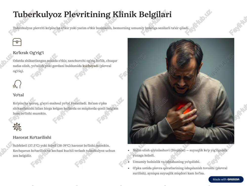 i darajada kamaytiradi. har bir shifokor plevra bo'shlig'idagi suyuqlik yig'ilishi sabablarini tahlil qilishda tuberkulyozni albatta yodda tutishi va tegishli diagnostik tekshiruvlarni o'tkazishi zarur. https://gamma.app/?utm_source=made-with-gamma