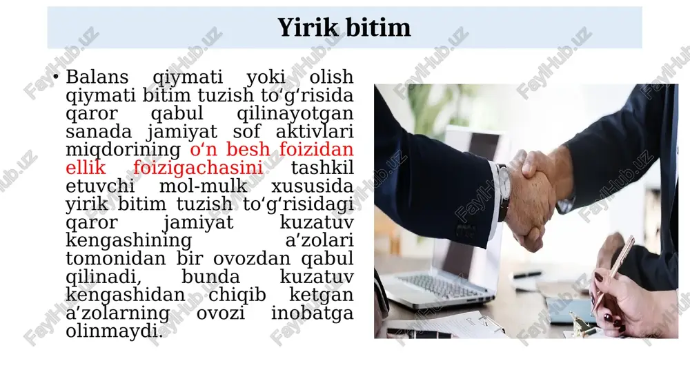 jud boʻlganda. 22 javobgarlik tuzilgan bitim haqiqiy emas deb topiladi; manfaatdor shaxs yetkazilgan zarar miqdorida javob beradi; affillangan shaxs bilan tuzilgan bitim boʻyicha jamiyat aksiyadorining nizolashishi tuzilayotgan bitim haqida direktor (boshqaruv raisi) tomonidan imzolangan quyidagi axborotni: affillangan shaxs bilan tuzilishi kutilayotgan bitim tarafi yozma bildirishining; bitimni oʻrganish natijasi bayonnomasining; bitimni maʼqullash toʻgʻrisida qabul qilingan qarorning; tegishli shartnomaning, agar u tuzilgan boʻlsa, koʻchirma nusxalarini ilova qilgan holda yozma shaklda taqdim etishi shart. image5.jpeg image6.jpeg image7.jpeg image8.jpeg image9.jpeg image10.jpeg image11.jpeg image12.jpg image13.jpg image14.jpeg image15.png image16.jpeg image17.jpg image3.png miniature people standing on coin,business concept druck /docprops/thumbnail.jpeg