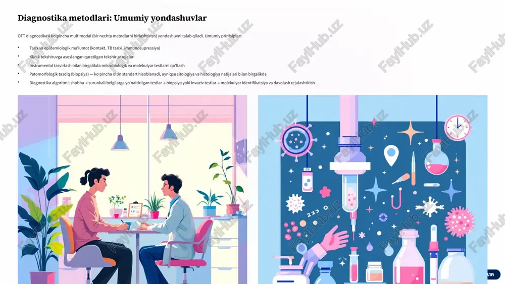 lasmosis, coccidioidomycosis kabi zamburug‘li kasalliklar granulomatoz reaksiyalarga olib keladi — mikologik tekshiruv talab etiladi. bakterial yallig‘lanish va abscesslar pyogen bakteriyalar sababi bilan keladigan abstsesslar mikrobiologik va klinik farqlash orqali aniqlanadi; emlanganlik va tez rivojlanish ko‘rsatkichlari muhim. tavsiya etilgan yondashuv: differensial ro'yxatini keng tutish, kerak bo‘lsa ko‘p miqdorda va bir nechta joylardan namunalar olish, biopsiya bilan birgalikda molekulyar testlarni bajarish va terapevtik sinovdan oldin to‘liq diagnostik tasdiq qidirish. 9 xulosa va asosiy tavsiyalar ott diagnostikasi — bu bir nechta usullarni uyg‘unlashtirishni, yuqori malakali klinik fikrlashni va to‘g‘ri laborator metodlarni talab qiladigan kompleks jarayon. asosiy tavsiyalar: 1. erta shubha va keng qamrovli tarix kontakt, immunosupressiya, epidemiologik ma'lumotlarni dastlabki tekshiruvda aniqlang. 2. tasviriy tekshiruvlarni maqsadga muvofiq qo‘llash uzi, kt va mrtni lokalizatsiyaga qarab tanlang; biopsiya uchun yo‘naltirish vazifasini bajaring. 3. kombinatsiyalangan laborator yondashuv direkt mikroskopiya, madaniyat, xpert va kerak bo‘lsa wgs hamda dorilarga sezuvchanlik tekshiruvlarini birgalikda foydalaning. 4. biopsiya va patomorfologik tasdiq histologiya …