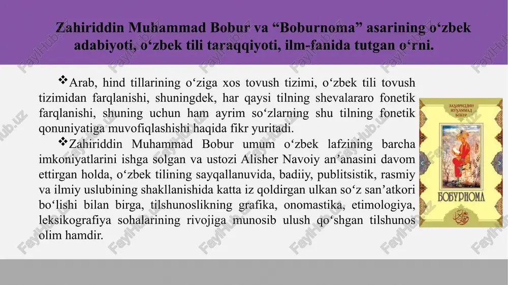 b tili turur. yerning qirtishini odim der. azroil tufroqni yerning ichindan olmadi, taqi qirtishindan olib erdi, aning uchun odam tedilar”. odam so‘zining etimologiyasi haqida keltirilgan ushbu ma’lumotning muallifi kim? a) abdurauf fitrat b) mahmudxo‘ja behbudiy c) abulg‘oziy bahodirxon d) zahiriddin muhammad bobur 8. fitratning sof morfologik qarashi uning qaysi asarida o‘z ifodasini topgan? a) “sarf” (morfologiya) b) “tilimiz” c) “o‘zbek tili haqida bir parcha” d) “nahv” (sintaksis) 9. yona xud. ushbu birlikning mazmuni qaysi qatorda to‘g‘riizohlangan? a) faqat o‘zi b) o‘zini o‘ylovchi c) yana shu d) yarim karomat 10. fitrat “tilimiz” maqolasida fors tilini arab tilidan xalos qilgan qaysi ijodkorni tilga oladi? a) firdavsiy b) tusiy c) ganjaviy d) daqiqiy nazorat uchun savol va topshiriqlar: 1. xvi-xx asr oralig‘ida ijod qilgan yana qaysi ijodkorlarni taniysiz? 2. abdulla qodiriy va cho‘lpon kabi ijodkorlar hozirgi o‘zbek tilining rivojidagi o‘rnini qanday izohlaysiz? 3. mirzo mehdixon kim? internet ma’lumotlariga tayanib uning tilimiz rivojidagi xizmatlari …