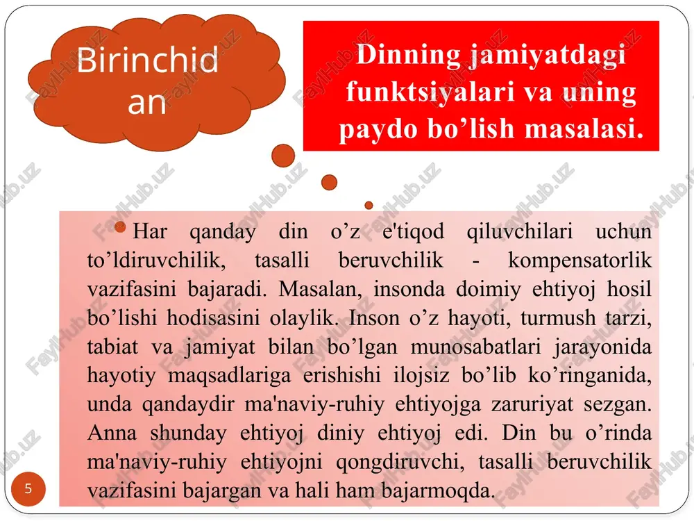 ilarni ilohiylashtirib, ularda ruh mavjud deb bilar edi. tabiiyki, ibtidoiy odamlar nafaqat tabiatning buyuk mavjudliklarini, balki yer yuzining ayrim alohida qismlari – tog’lar va daryolar, adir va o’rmonlar kabi odam e'tiborini tortuvchi narsa va jismlarga ham ilohiy munosabatda bo’lar edilar. hattoki ko’p yillik daraxt, kattaroq xarsang tosh, jarliklarga o’xshash narsalar ham ibtidoiy odamlar tasavvurida jonli, tafakkurli, sezuvchan va harakat qiluvchi, shuningdek, yaxshilik yoki yomonglik keltirishi mumkin deb tushunilgan. shunday bo’lgach, ushbu tabiiy narsa, hodisalarga e'tibor bilan munosabatda bo’lish taqazo etilardi, qurbonliklar qilish, ularning haqiga duo qilib, marosimlar uyushtirilardi. aminizm totemizimdan farqlanadi. fetishizm… 17 fetishizm yog’och, loy va boshqa materiallardan yasalgan buyumlar paydo bo’lishi bilan bir paytda shakllangan. bu butlarda va tumorlarda jamoalar g’ayritabiiy dunyodan keladigan ilohiy qudratning timsolini qurdilar. bunday fetishga odatda afsungarlar, shamanlar ega edilar. ular afsungarlik usullariga binoan bunday buyumlarga ta'sir ko’rsatganlar. ibtidoiy odamlarning dastlabki diniy taassurotlari umumiy majmuasining shakllanish jarayonida fetishizm yakunlovchi bosqich bo’lib qoldi. haqiqatda, ajdodlarini …